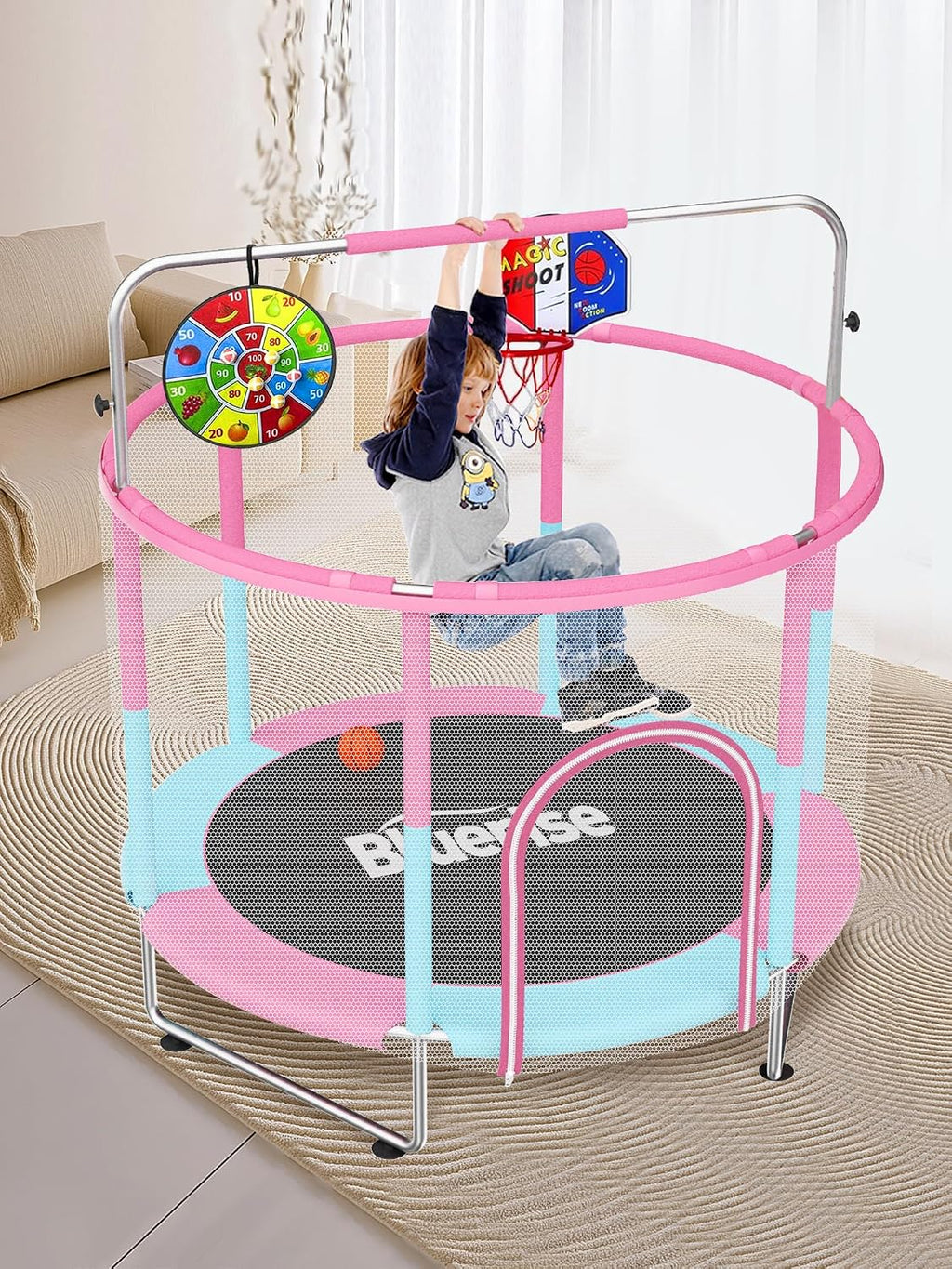 BLUERISE 60' Trampoline for Kids 5FT Toddler Trampolines Indoor/Outdoor with Adjustable Gymnastics Bar & Safety Net, No-Gap Design, Anti-Rollover Bottom, Basketball Hoop, Gifts for Boys & Girls