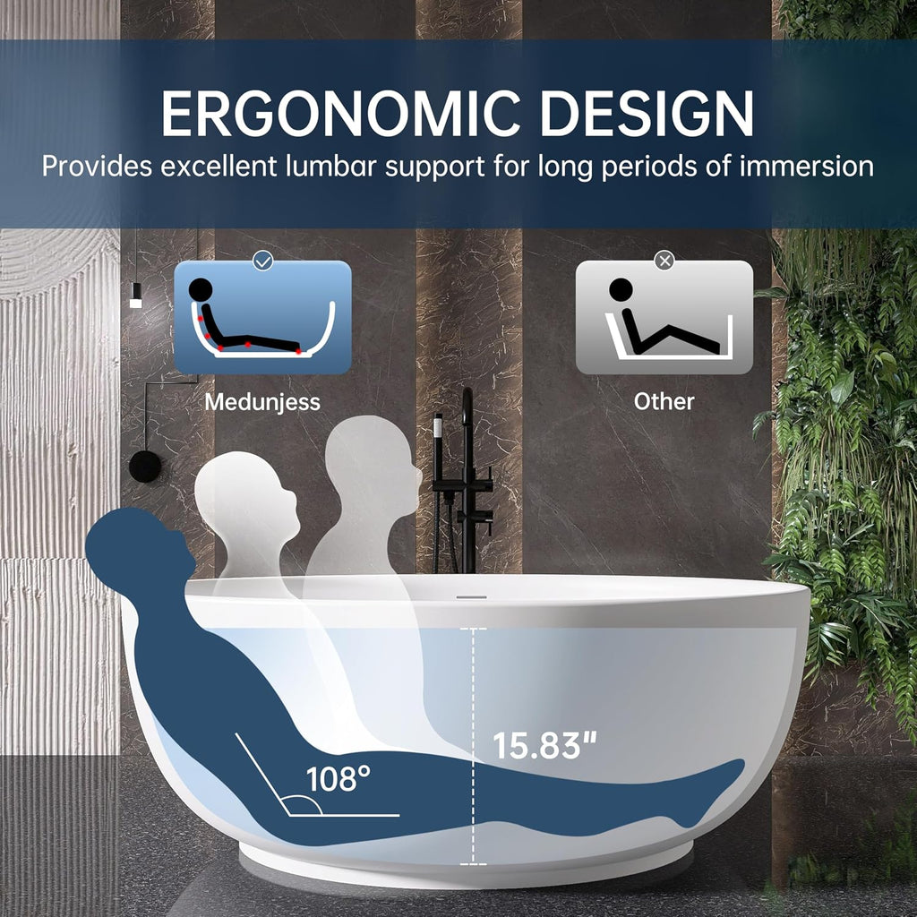 59'' Stone Resin Solid Surface Freestanding Bathtub,Round Bathtub，Modern Elegant Design Soaking Stand Alone Tub, Matte White, Drain and Overflow Included 005-1500