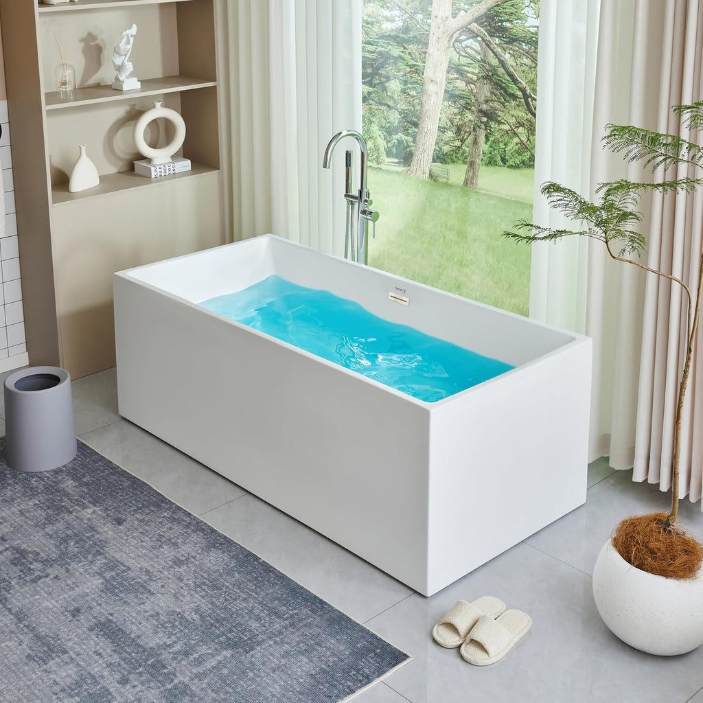 HomeBeyond 59 Inch Free Standing Bathtub | Acrylic Freestanding Bathtub Soaking Tub, Modern Bathroom Stand Alone Tub Suitable for Single Person Bathing, with Pop-up Drain Overflow