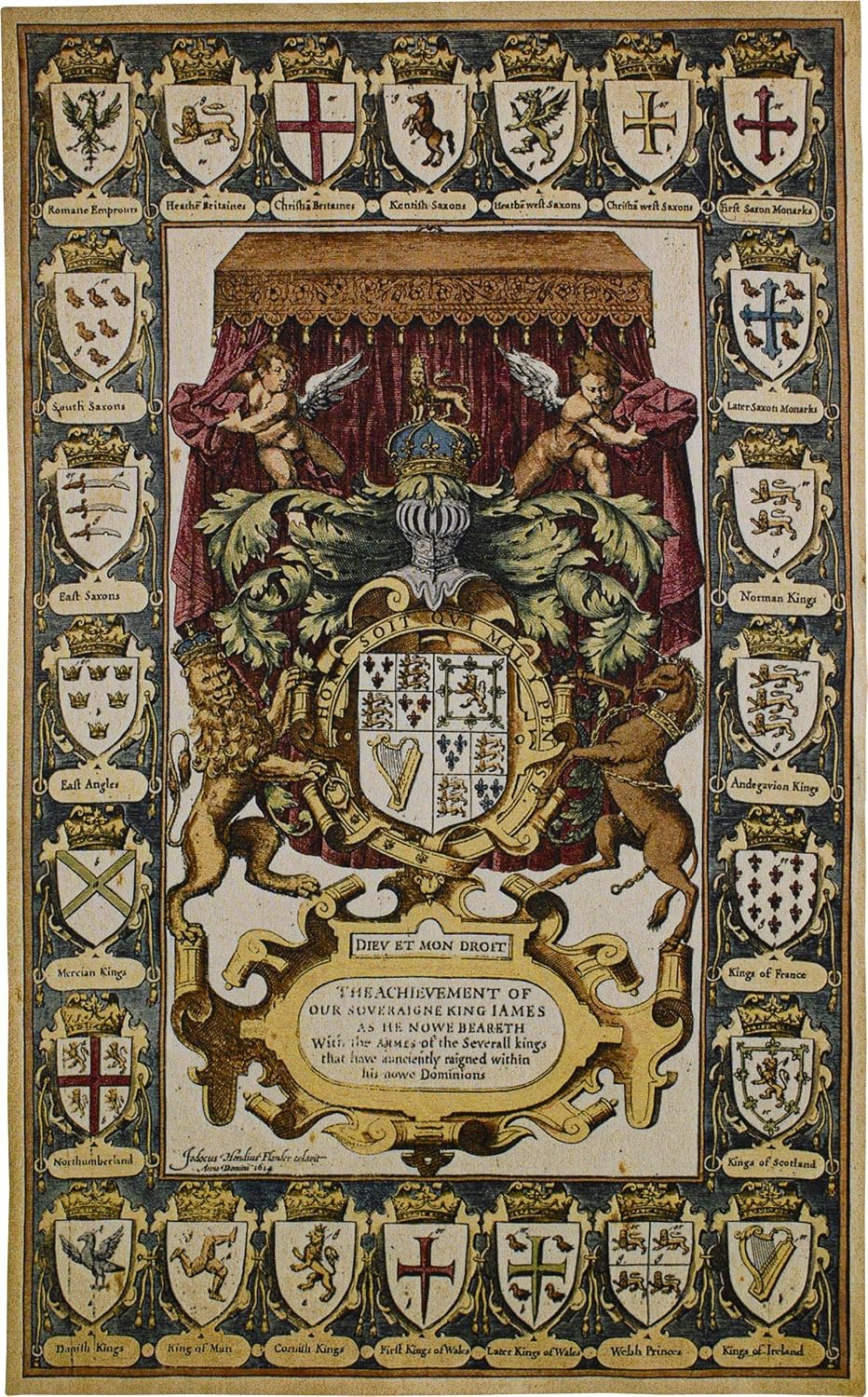 Armes of Kings | Woven Tapestry Wall Art Hanging | King James Royal Coat of Arms Medieval Watercolor Artwork | 100% Cotton USA Size 63x39