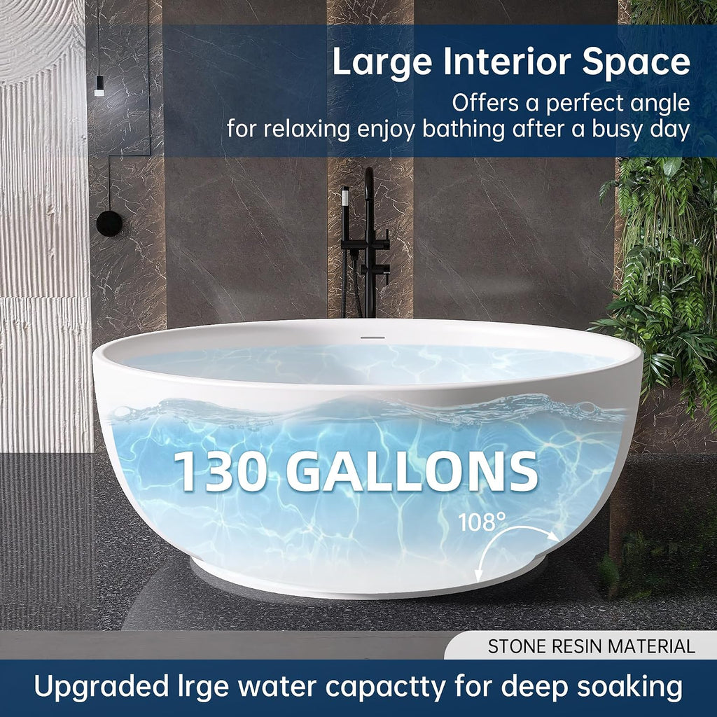 59'' Stone Resin Solid Surface Freestanding Bathtub,Round Bathtub，Modern Elegant Design Soaking Stand Alone Tub, Matte White, Drain and Overflow Included 005-1500