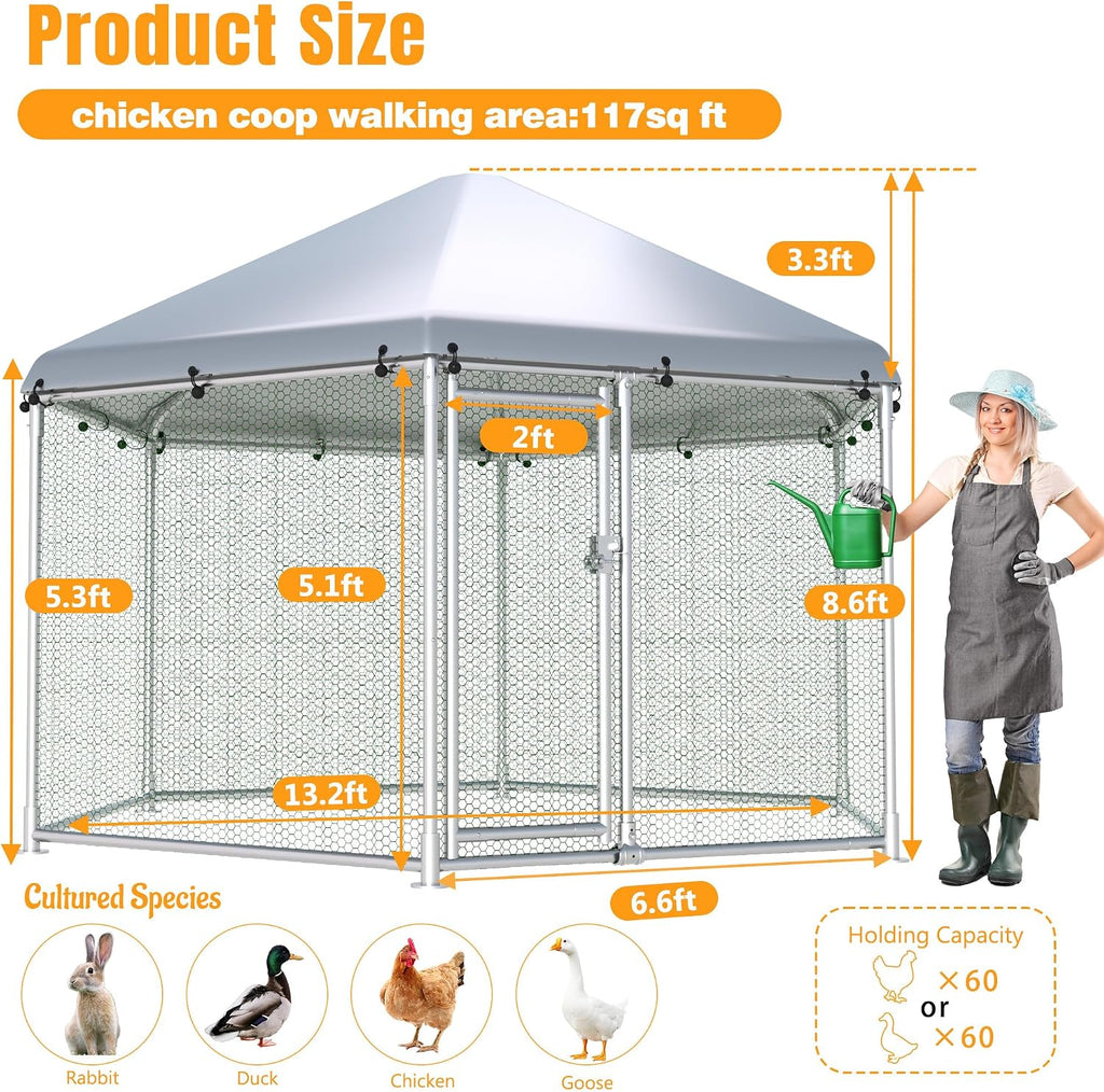 Large Metal Chicken Coop, Chicken Runs for Yard with Cover Walk-in Poultry Cage for 10 20 Chickens,Chicken Pen Duck Coop with Water-Resident Top and Feeding Door, Hexagon Hen House 13.2Lx11.4Wx8.6H FT