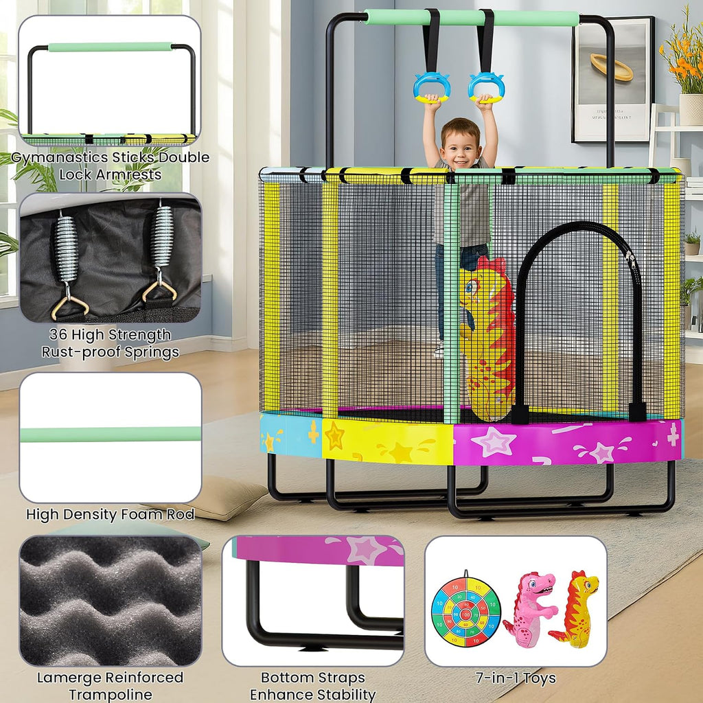 Lamerge Kids Trampoline, Indoor Trampoline Approved by ASTM, Safety Enclosure Net and Adjustable Handrail, 1-8 Children, 500lbs Capacity, 7-in-1, 60'