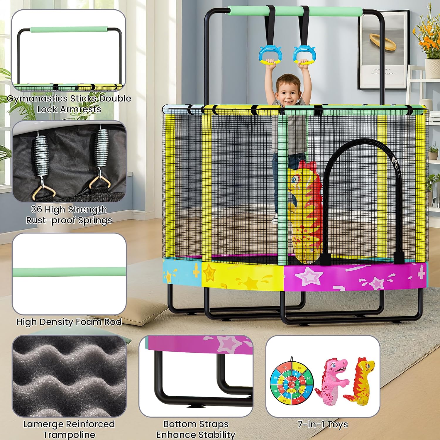 Lamerge Kids Trampoline, Indoor Trampoline Approved by ASTM, Safety Enclosure Net and Adjustable Handrail, 1-8 Children, 500lbs Capacity, 7-in-1, 60'