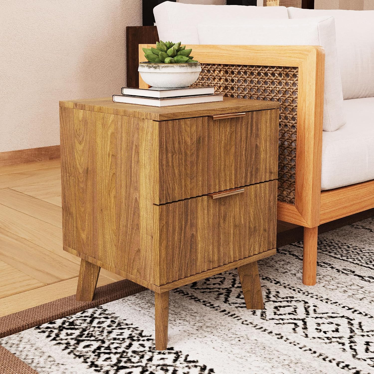 Nightstands Set of 2 with Drawers, Modern Large Striped Bed Side Table with 2 Drawers, Mid Century Modern Night Stand Set for Bedroom, Bedside End Table with Storage and Solid Wood Legs (Walnut)