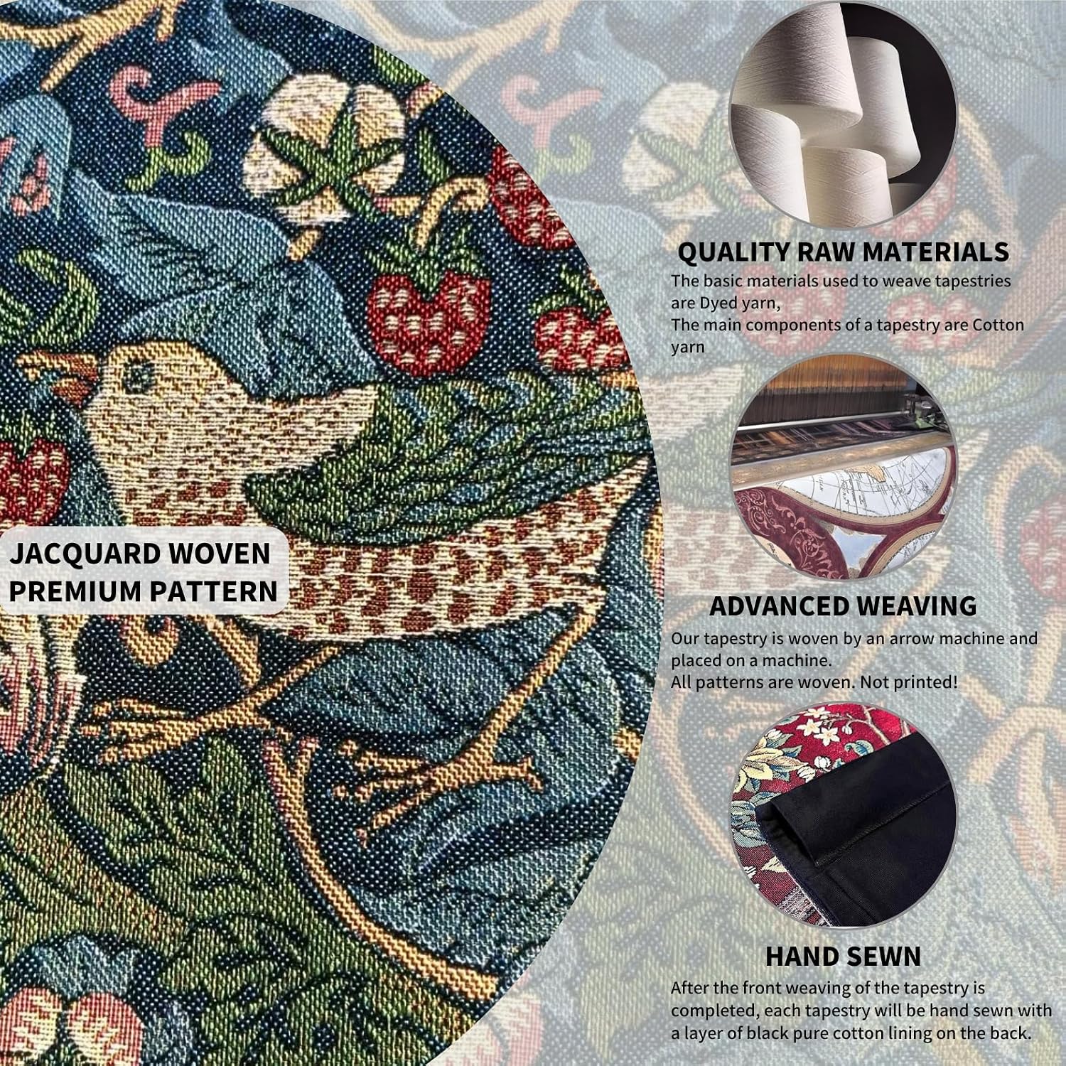 ORIMONY William Morris Strawberry Thief Tapestry - Vintage Floral Bird Art, Medieval Jacquard Woven Tapestry Wall Hanging for Living Room & Bedroom Size 27'x35' (Royal Blue)