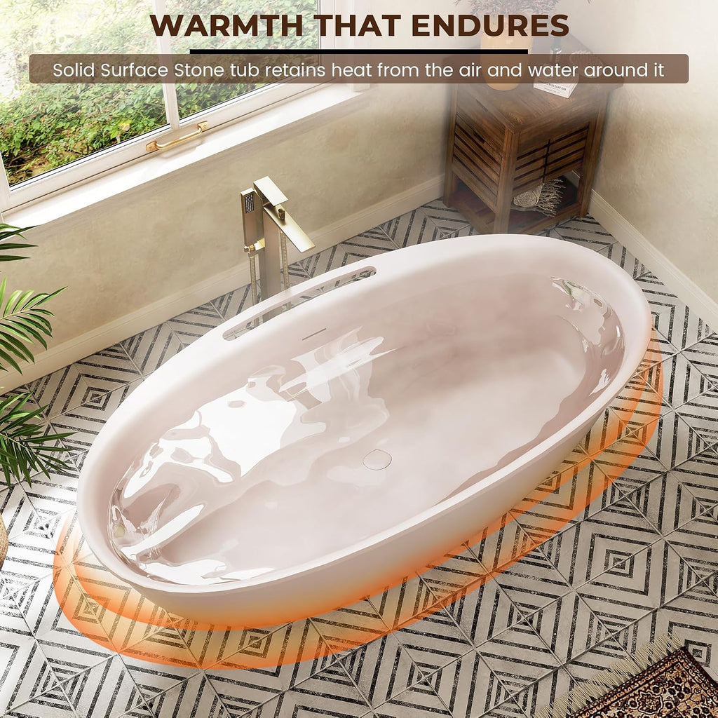 CASAINC 67' Solid Surface Free Standing Tub Blush Beige Stone Resin Freestanding Bathtub Soaking Tub with Drain, Drain Hose & Sanding Paper