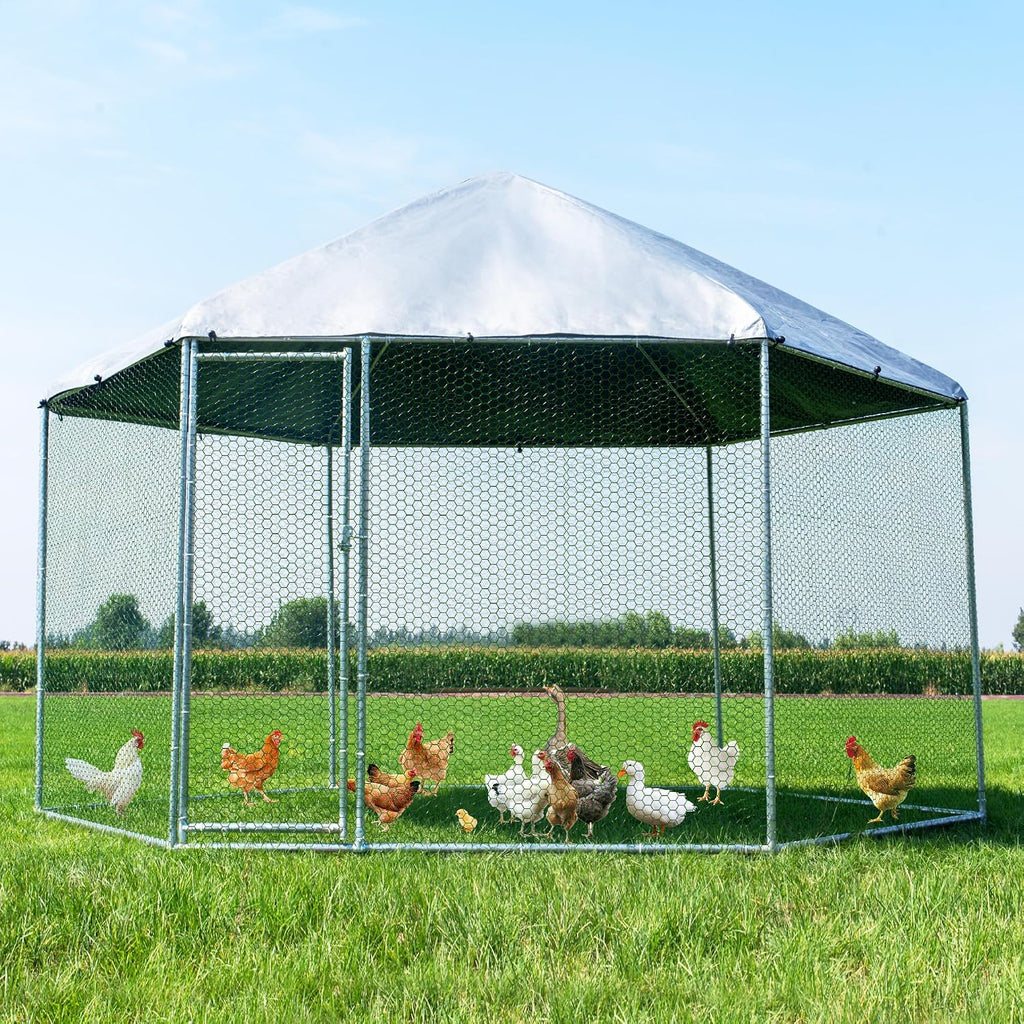 Large Metal Chicken Coop, Chicken Runs for Yard with Cover Walk-in Poultry Cage for 10 20 Chickens,Chicken Pen Duck Coop with Water-Resident Top and Feeding Door, Hexagon Hen House 13.2Lx11.4Wx8.6H FT