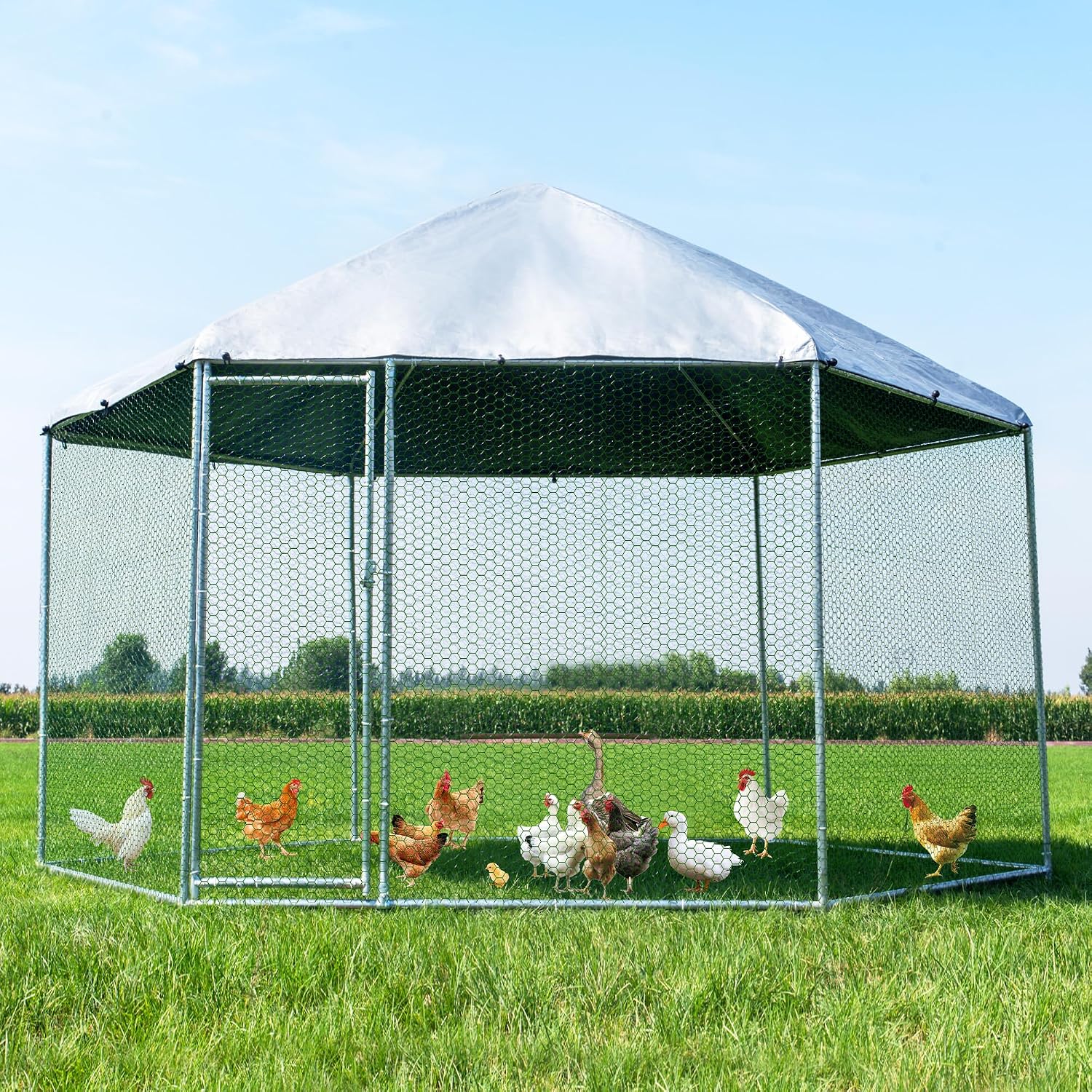 Large Metal Chicken Coop, Chicken Runs for Yard with Cover Walk-in Poultry Cage for 10 20 Chickens,Chicken Pen Duck Coop with Water-Resident Top and Feeding Door, Hexagon Hen House 13.2Lx11.4Wx8.6H FT