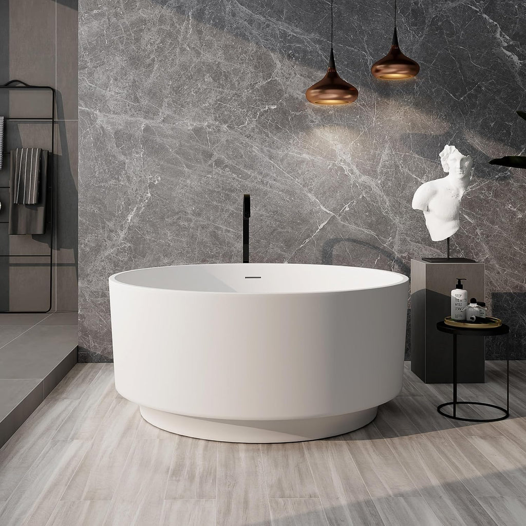 SJ Star&Jane 49' Round Freestanding Bathtub, Solid Surface Stone Resin Tub with Matte White Finish, Stand Alone Soaking Tub for Modern Bathroom