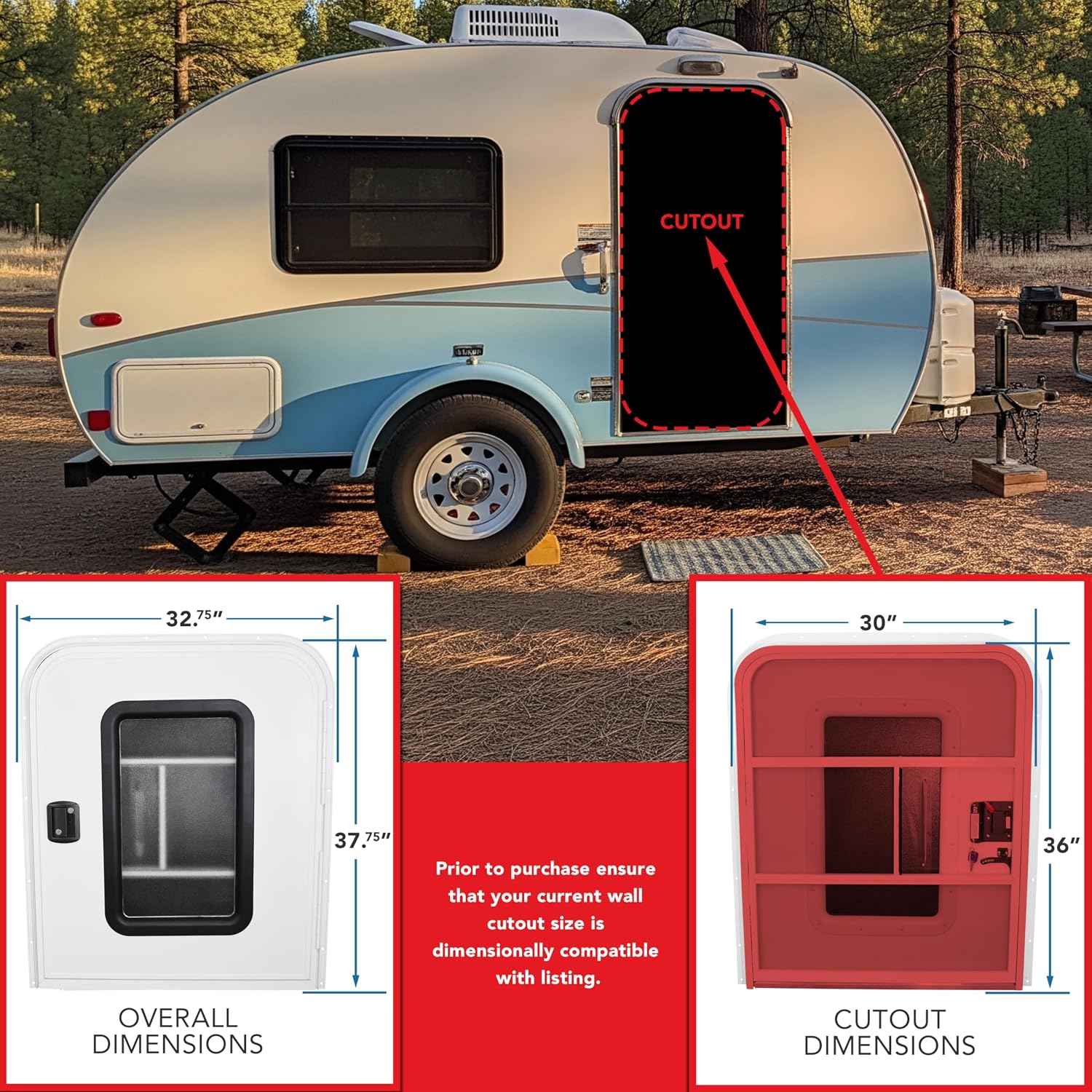 Teardrop 30' X 36' Face Mount Foam Core Passenger Side Door with Radius Corners on Top and Square Bottom with Screen Door (30'(W) X 36'(H) Pass Side, White)