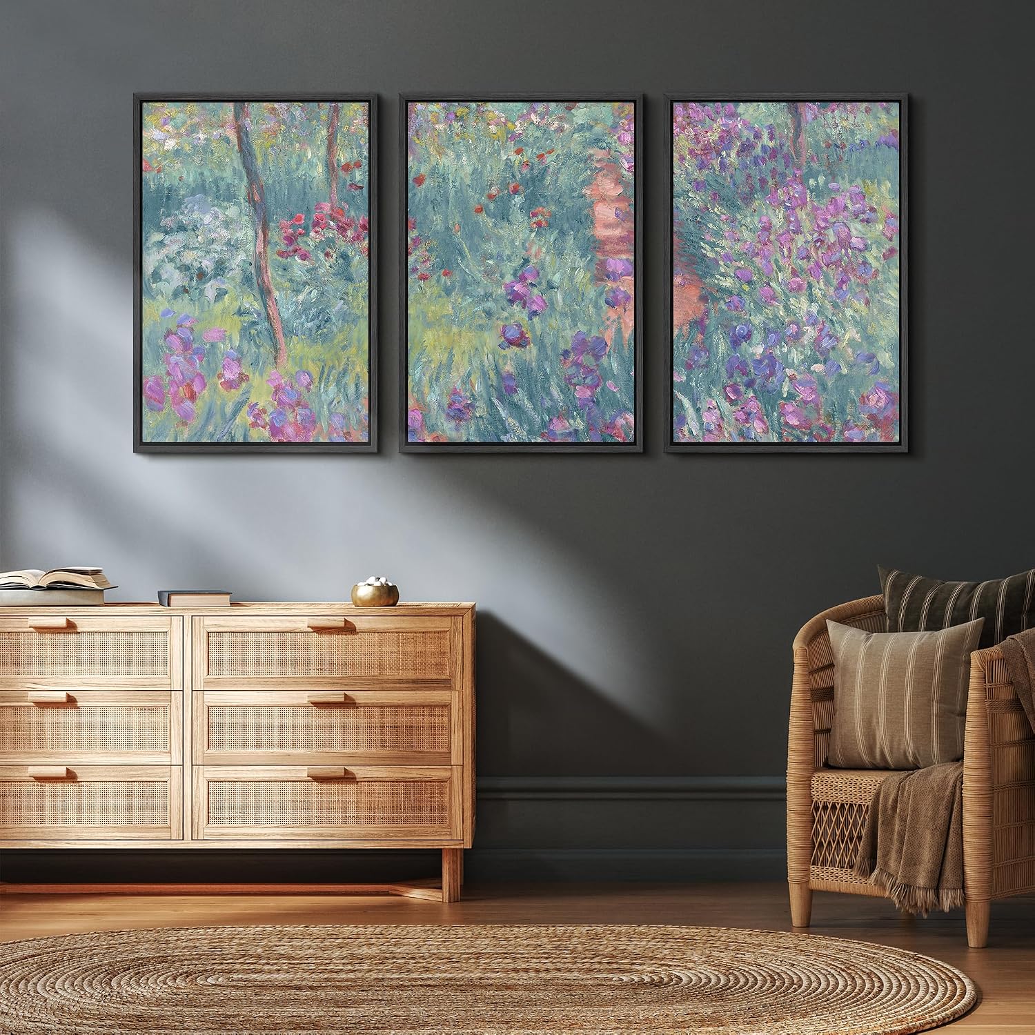 wall26 Framed Canvas Print Wall Art Set Monet-Inspired Garden Path Impressionist Floral Illustrations Modern Art Decorative Floral Botanical Minimal for Bedroom - 24'x36'x3 Black