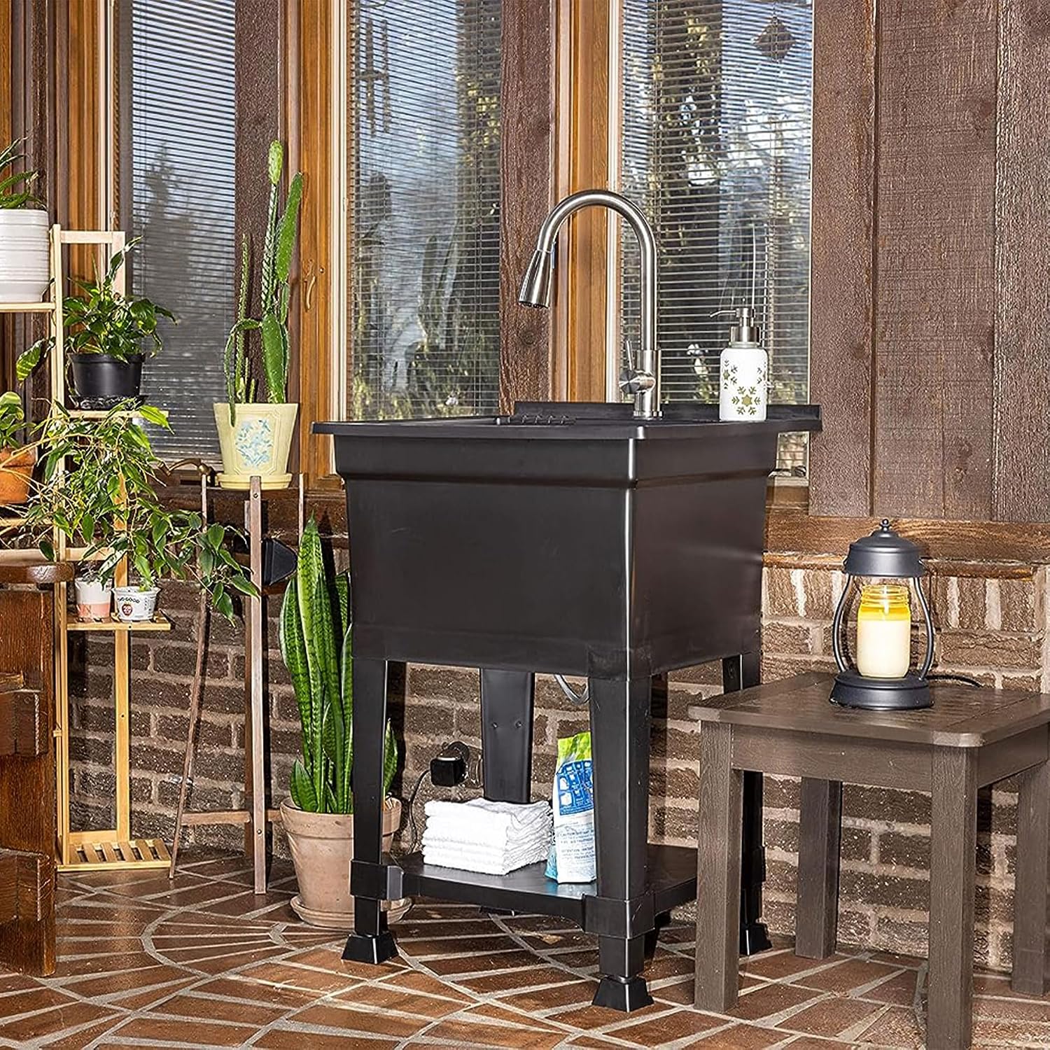 UTILITYSINKS Freestanding Utility Tub Sink with Quick Connect Drain, 24 x 24', Black - Portable and Compact Sink with Faucet for Outdoor Kitchen, Laundry Room, Garage, and Basement