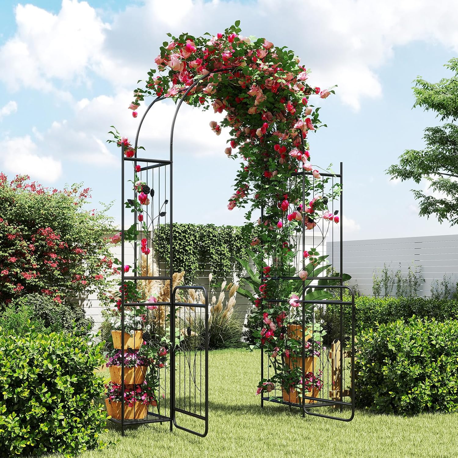 HAPPYGRILL 87' Garden Arbor with Gate, Garden Arch with Planter Shelves, Climbing Trellises, Metal Arbor Archway for Outdoor Climbing Plant Vine, Wedding Arch for Ceremony Backyard Patio Party Decor