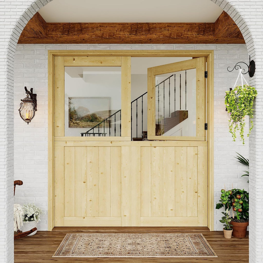 Exterior Dutch Door Slab, 72' x 80', Universal 1 Lite Panel Split Single Doors, Solid Core Home Door, Natural Pine Wood - with 8 Black Hinges & 2 Latch, Without Jamb
