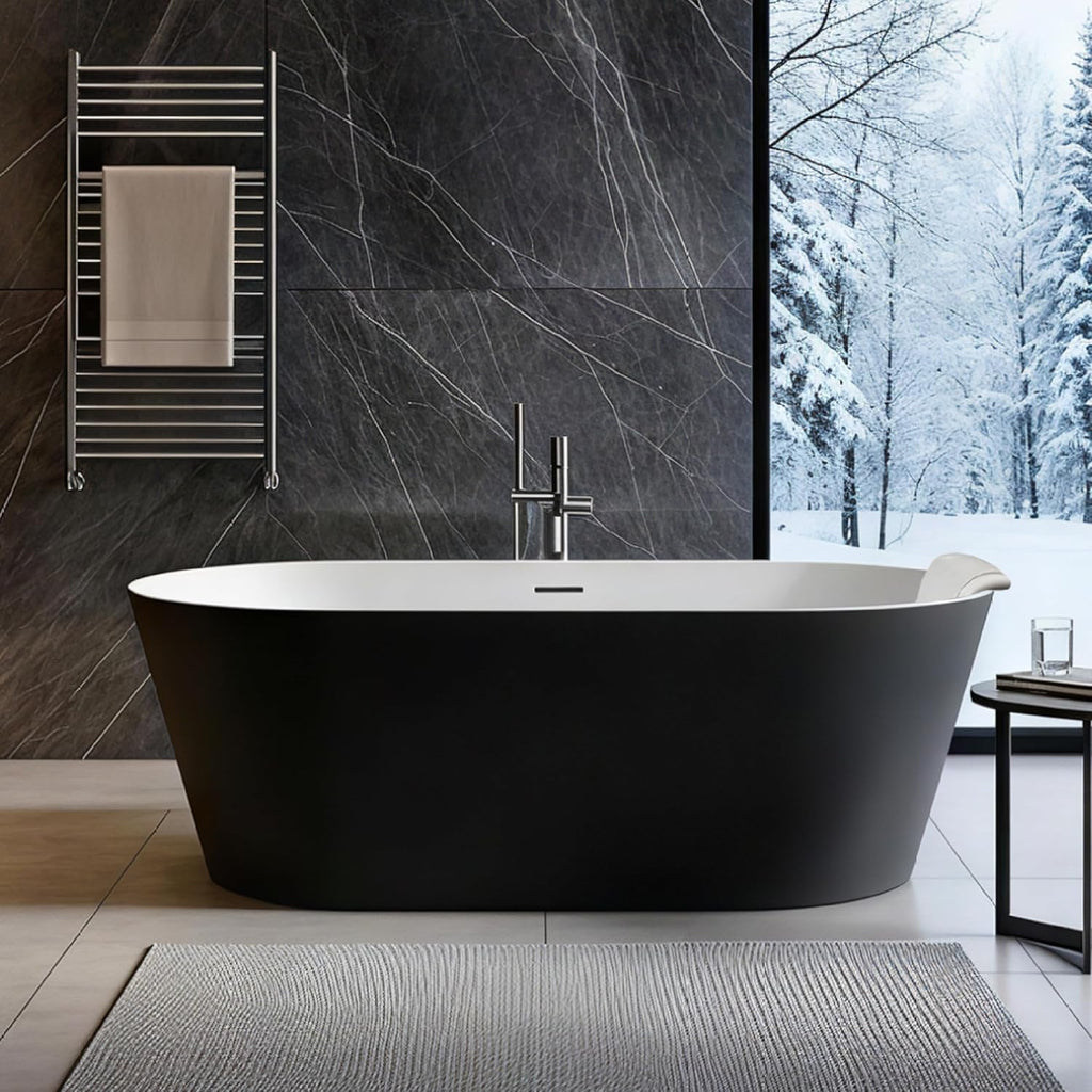 Transolid Maris 59 in. Freestanding Deep Soaking Bathtub | 31 in. Wide Acrylic Flatbottom | Center Drain | Bath Pillow Included | 23 in. Confirmed Soak Depth | Matte Black/White | K-AFTM5931-M3109