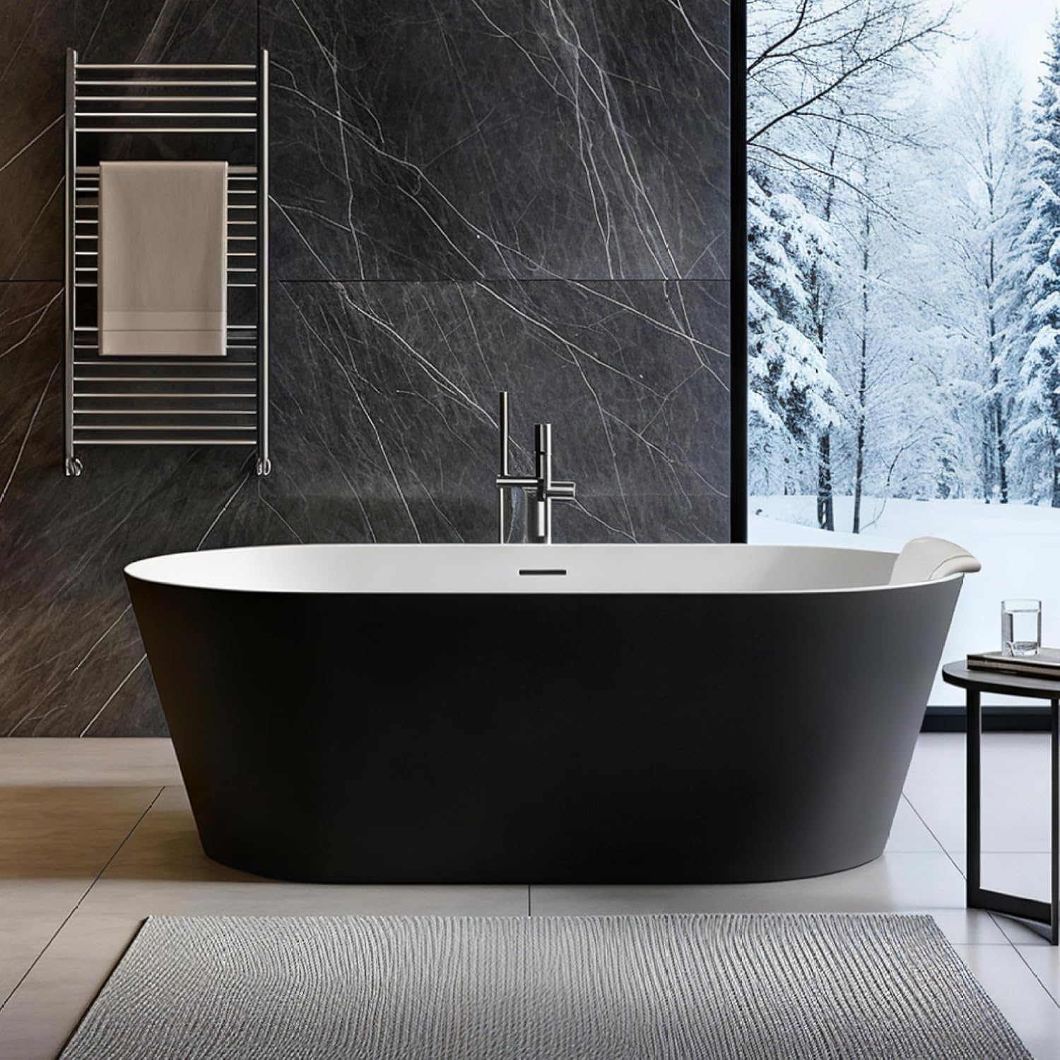 Transolid Maris 59 in. Freestanding Deep Soaking Bathtub | 31 in. Wide Acrylic Flatbottom | Center Drain | Bath Pillow Included | 23 in. Confirmed Soak Depth | Matte Black/White | K-AFTM5931-M3109