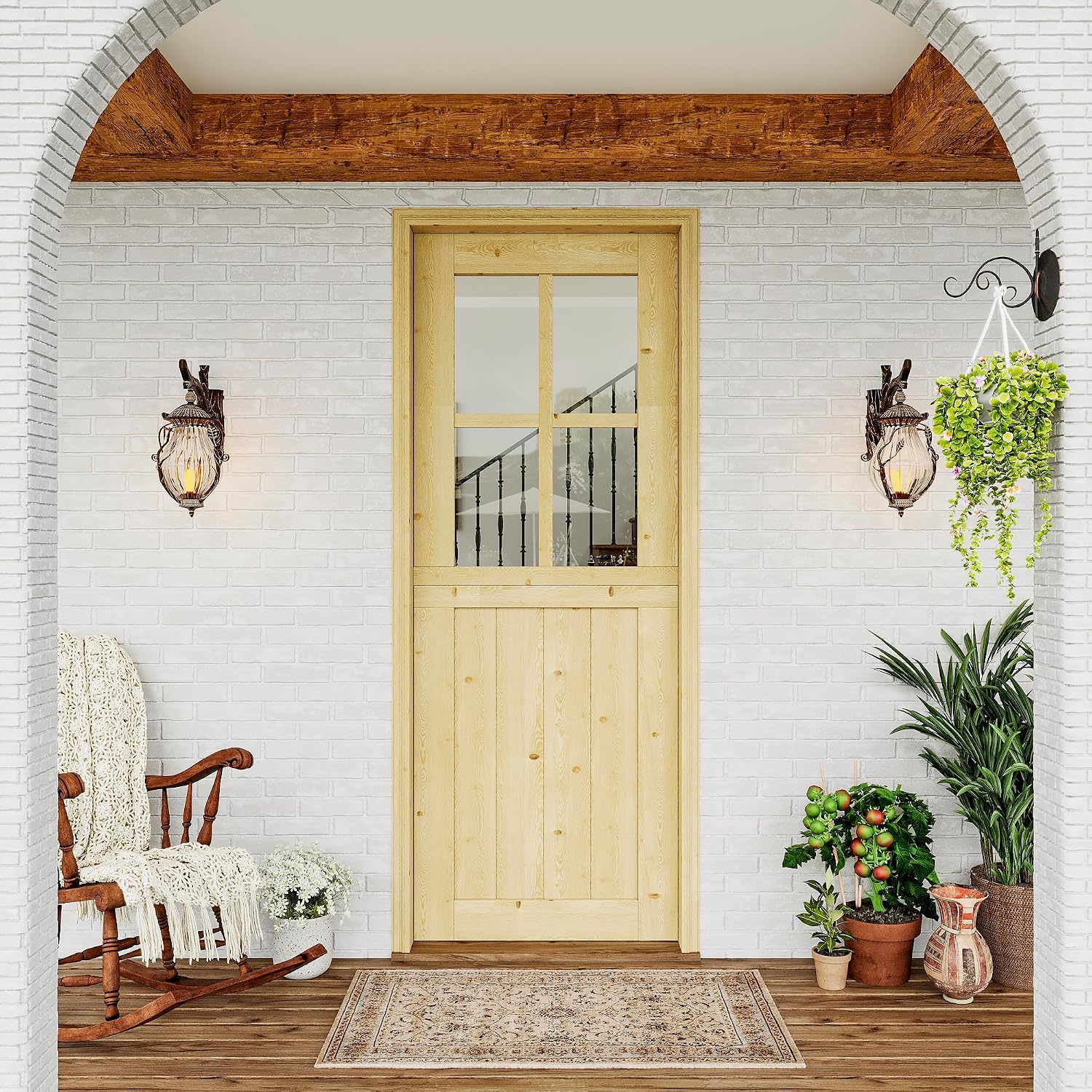 Exterior Dutch Door Slab, 30' x 80', Universal 4 Lite Tempered Clear Glass Split Single Doors, Solid Core Home Door, Natural Pine Wood - with 4 Black Hinges & 1 Latch, Without Jamb