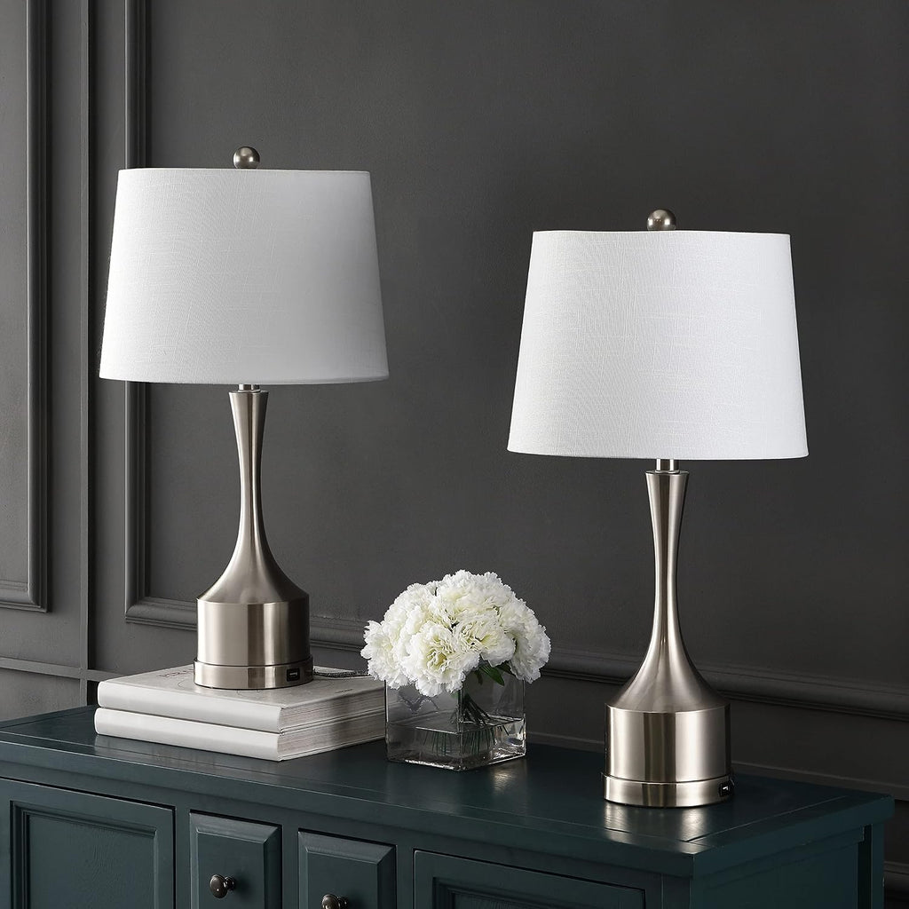 Eyely EYL4045B-SET2 Eliza 26' Classic French Country Iron LED Table Lamp w/USB Charge Port for Reading Room, Living Room, Office, Bedroom,Farmhouse, French Country, Coastal, Nickel (Set of 2)