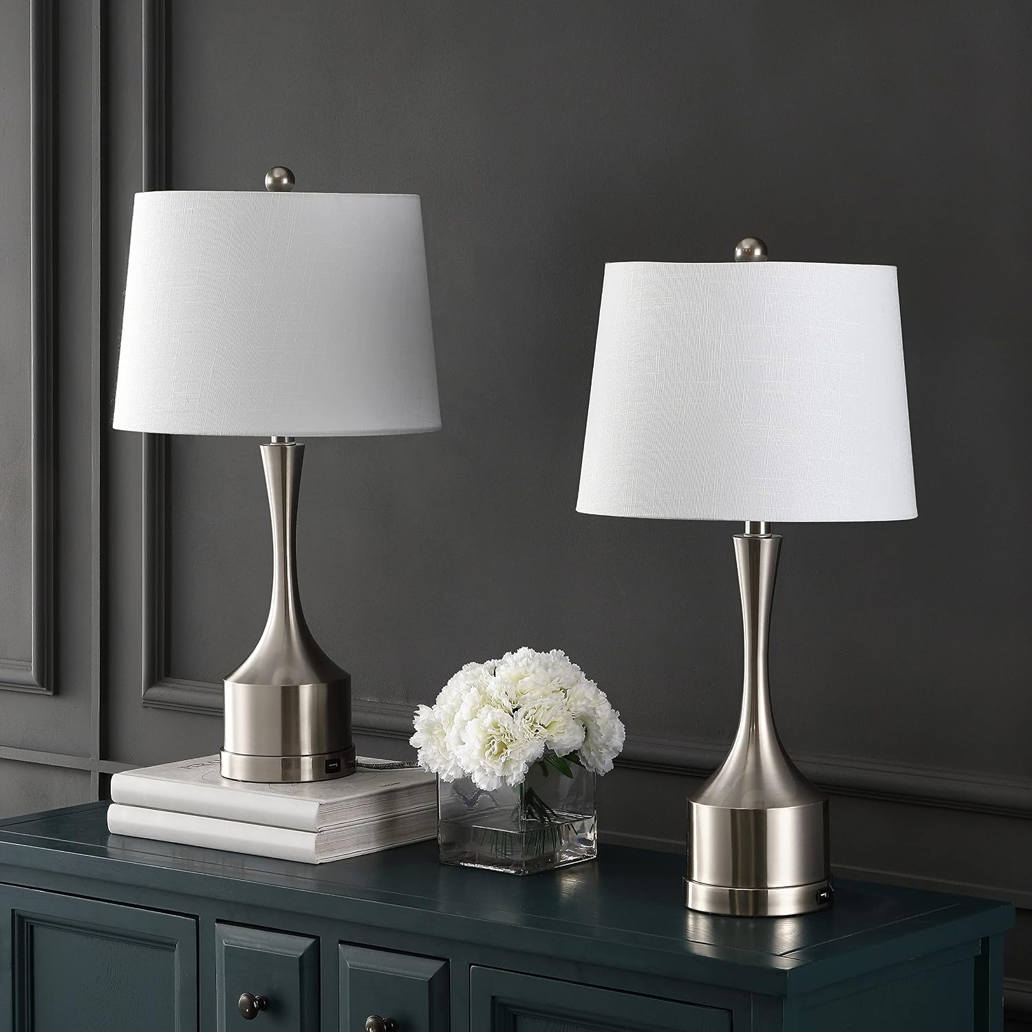 Eyely EYL4045B-SET2 Eliza 26' Classic French Country Iron LED Table Lamp w/USB Charge Port for Reading Room, Living Room, Office, Bedroom,Farmhouse, French Country, Coastal, Nickel (Set of 2)