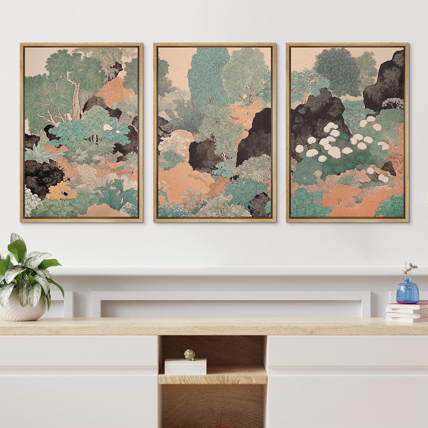 wall26 Framed Print Wall Art Set Vintage Japanese Garden Landscape Decorative Minimal Relax/Zen for Living Room, Bedroom, Office - 16'x24'x3 NATURAL