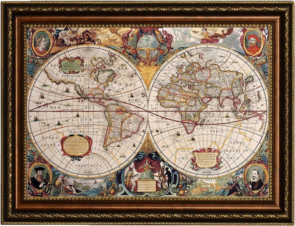 ELITEART-Old Vintage World Map Oil Painting Reproduction Giclee Wall Art Canvas Prints-Framed Size:39' x 28'