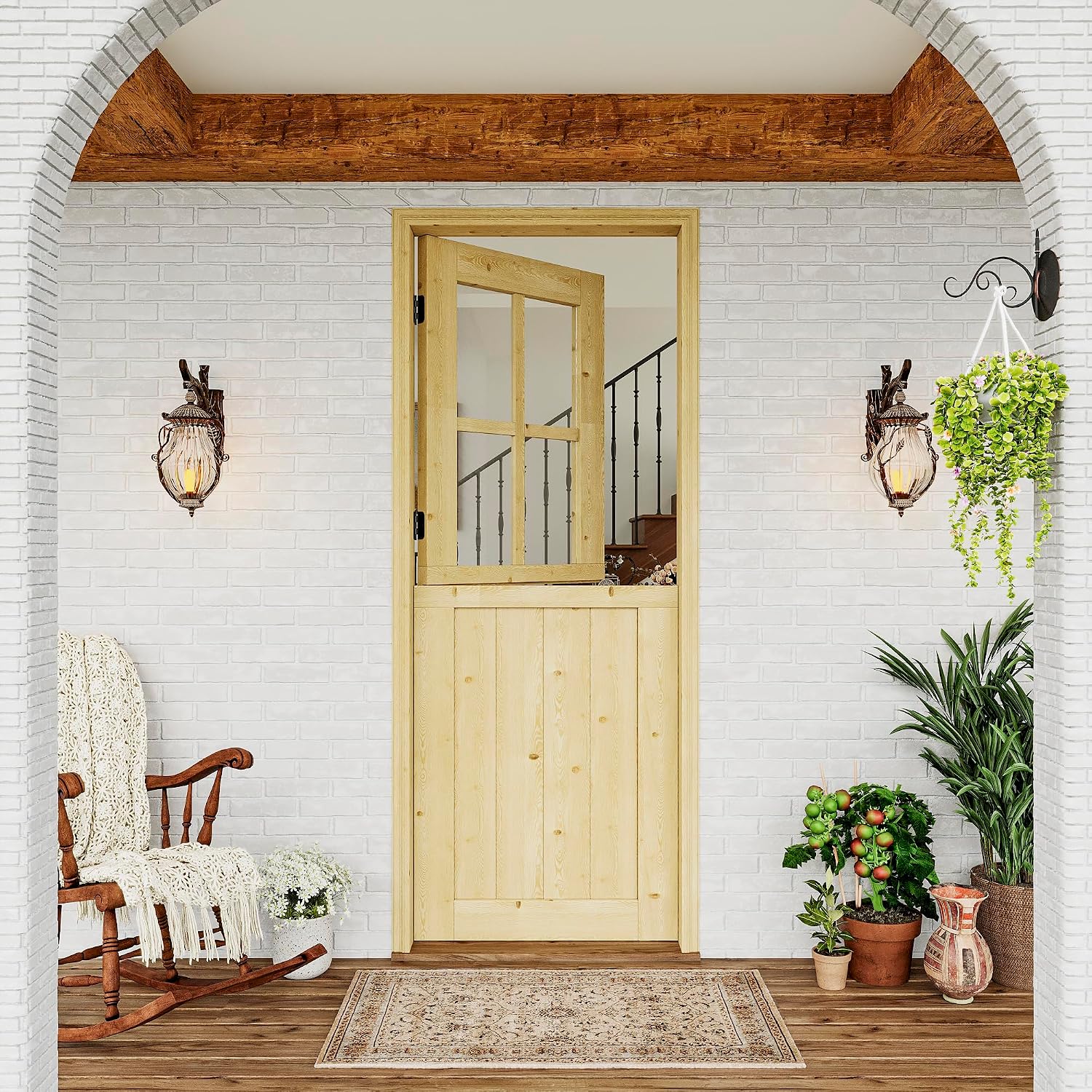 Exterior Dutch Door Slab, 30' x 80', Universal 4 Lite Tempered Clear Glass Split Single Doors, Solid Core Home Door, Natural Pine Wood - with 4 Black Hinges & 1 Latch, Without Jamb