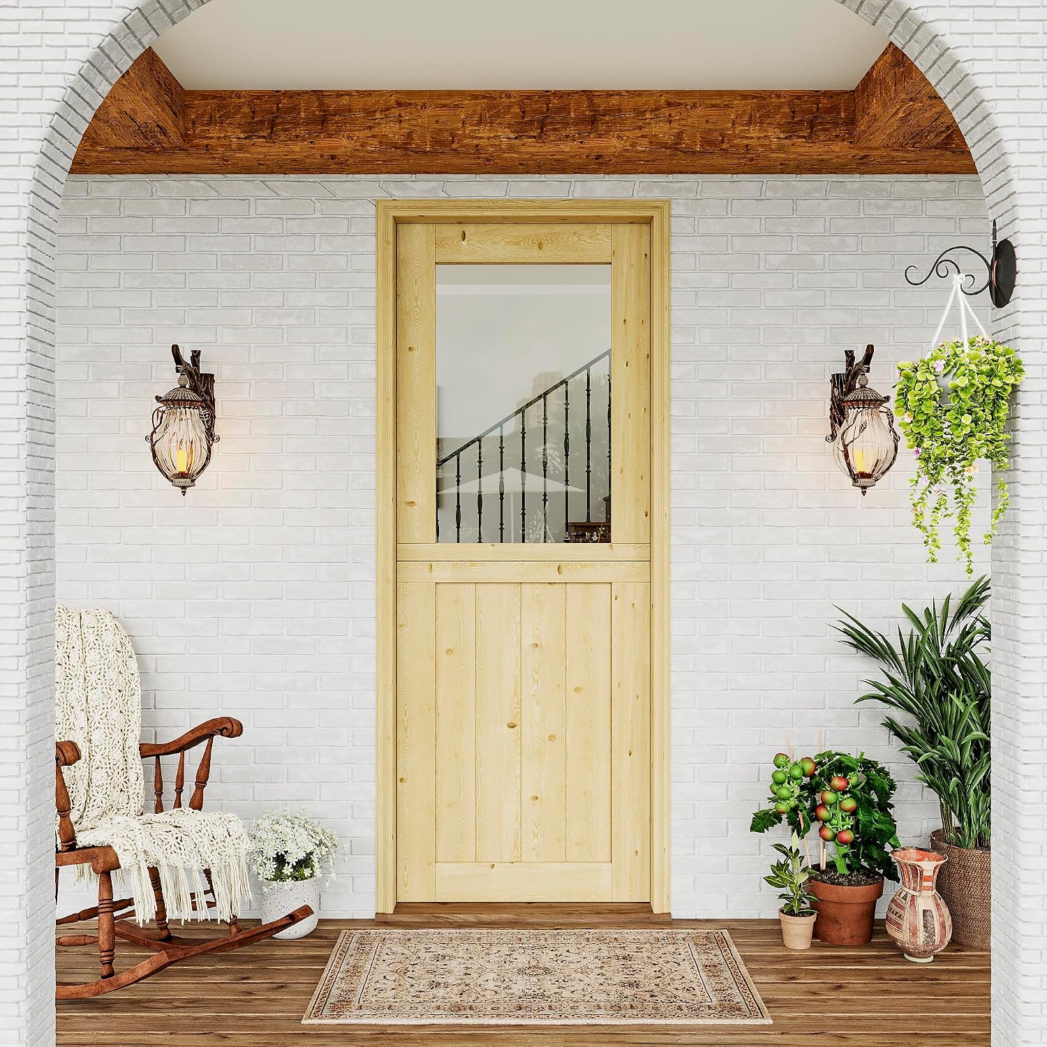 Exterior Dutch Door Slab, 30' x 80', Universal Tempered Clear Glass Split Single Doors, Solid Core Home Door, Natural Pine Wood - with 4 Black Hinges & 1 Latch, Without Jamb