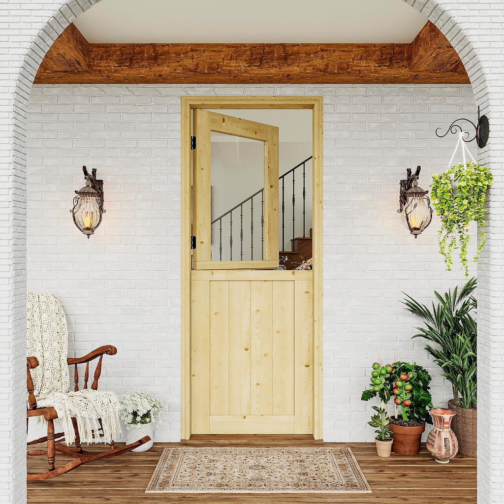 Exterior Dutch Door Slab, 30' x 80', Universal Tempered Clear Glass Split Single Doors, Solid Core Home Door, Natural Pine Wood - with 4 Black Hinges & 1 Latch, Without Jamb