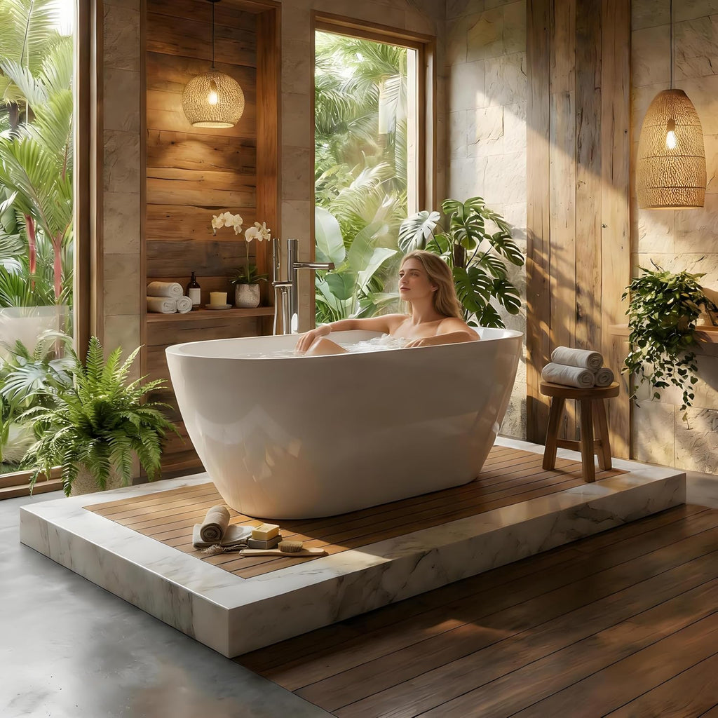 59' Acrylic Freestanding Soaking Bathtub, Free Standing Tub, Stylish Stand Alone Contemporary Soaking Tub with Integrated Overflow and Drain In Chrome, cUPC Certified