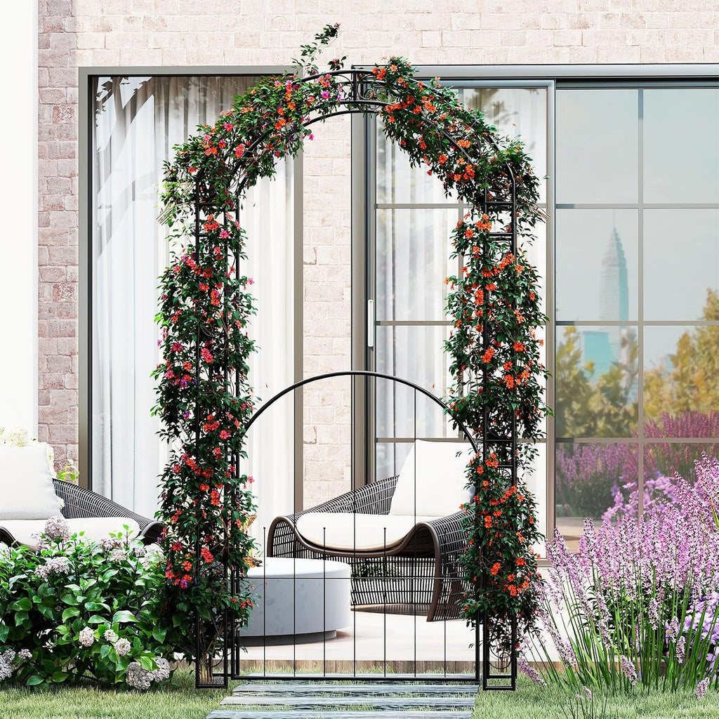 HAPPYGRILL 84' Garden Arbor with Gate & Climbing Trellises, Metal Garden Arch Archway for Outdoor Climbing Plant Rose Vine, Wedding Arch for Ceremony, Backyard Lawn Party Decor Patio Entrance