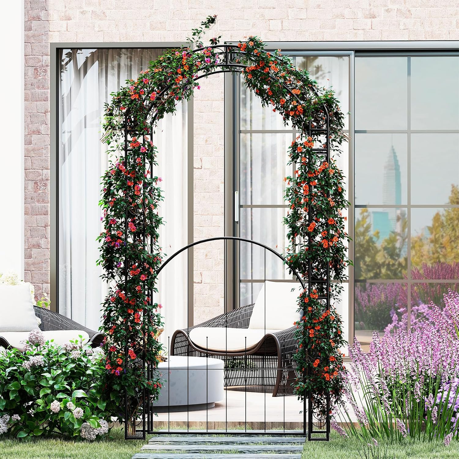 HAPPYGRILL 84' Garden Arbor with Gate & Climbing Trellises, Metal Garden Arch Archway for Outdoor Climbing Plant Rose Vine, Wedding Arch for Ceremony, Backyard Lawn Party Decor Patio Entrance