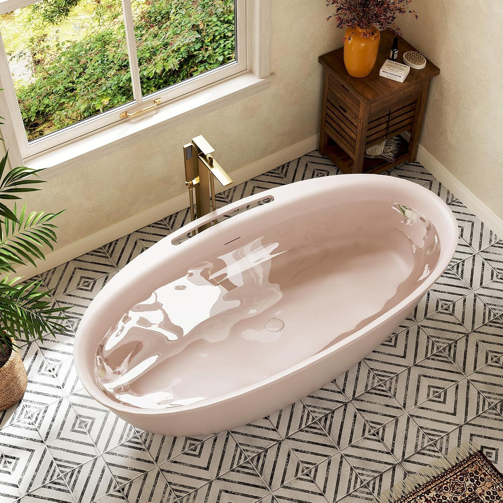 CASAINC 67' Solid Surface Free Standing Tub Blush Beige Stone Resin Freestanding Bathtub Soaking Tub with Drain, Drain Hose & Sanding Paper