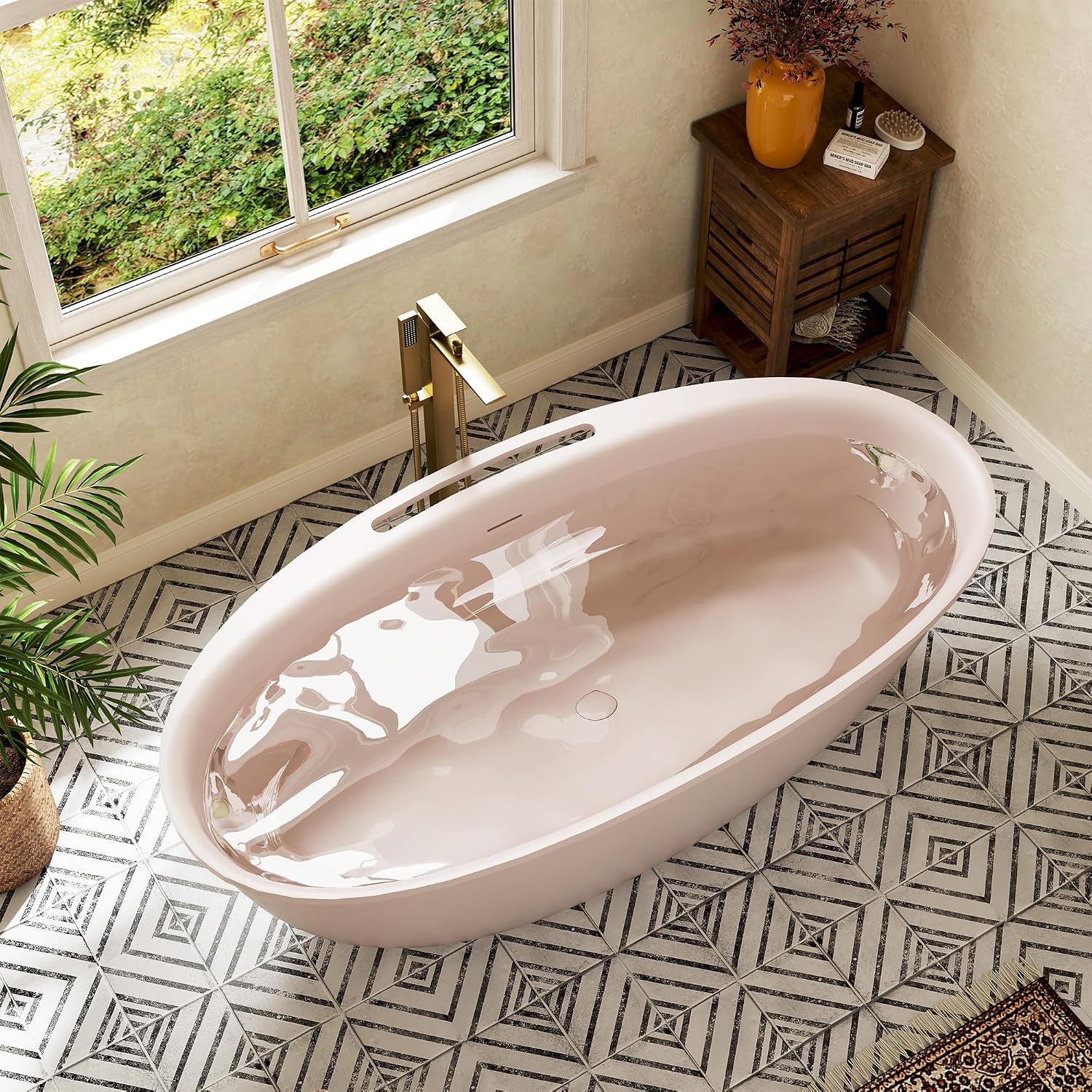 CASAINC 67' Solid Surface Free Standing Tub Blush Beige Stone Resin Freestanding Bathtub Soaking Tub with Drain, Drain Hose & Sanding Paper