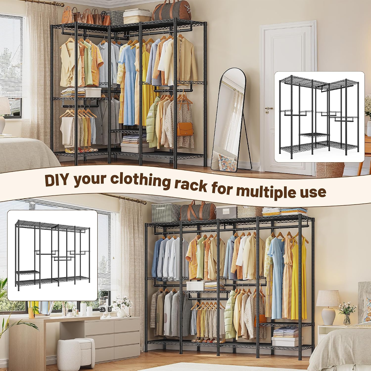 Raybee Clothes Rack Heavy Duty 1100 LBS Capacity Clothing Racks for Hanging Clothes Adjustable Garment Rack,17.7' D x 75.8' W x 76.9' H Black