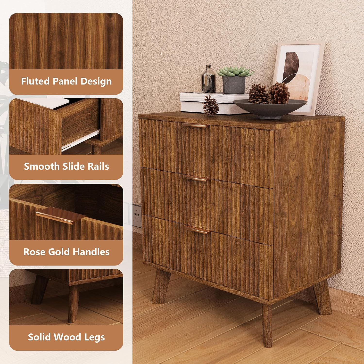 Mid-Century 3 Drawers Bedside Table Cabinet, Modern Nightstand with 3 Drawer and Solid Wood Legs, Contemporary 3-Drawer Dresser, Mid Century Nightstand with 3 Storage Drawer for Bedroom (Walnut)