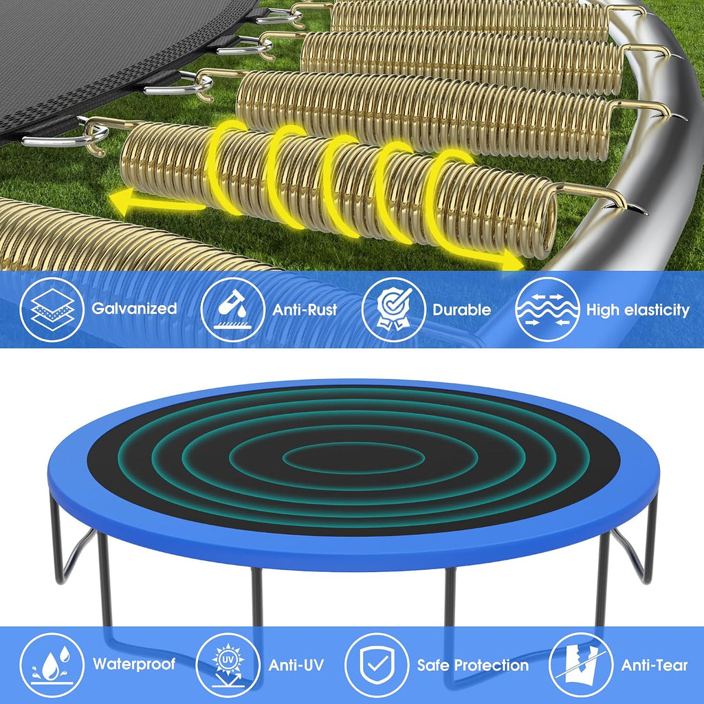Exal Trampoline Outdoor with Basketball Hoop and Enclosure Net, 1500LBS Backyard Heavy Duty Trampoline ASTM CPC Certified Kids Trampoline, Light, Sprinkler, Socks, No-Gap Pad, Wind Stakes Included