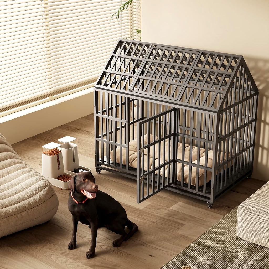 Extra Large Dog Crate Cage, 55'' Heavy Duty Galvanized Iron Dogs Cage Kennels Crates Furniture with Front Door, Top Door and 4 Lockable Wheels for Patio, Home, Backyard