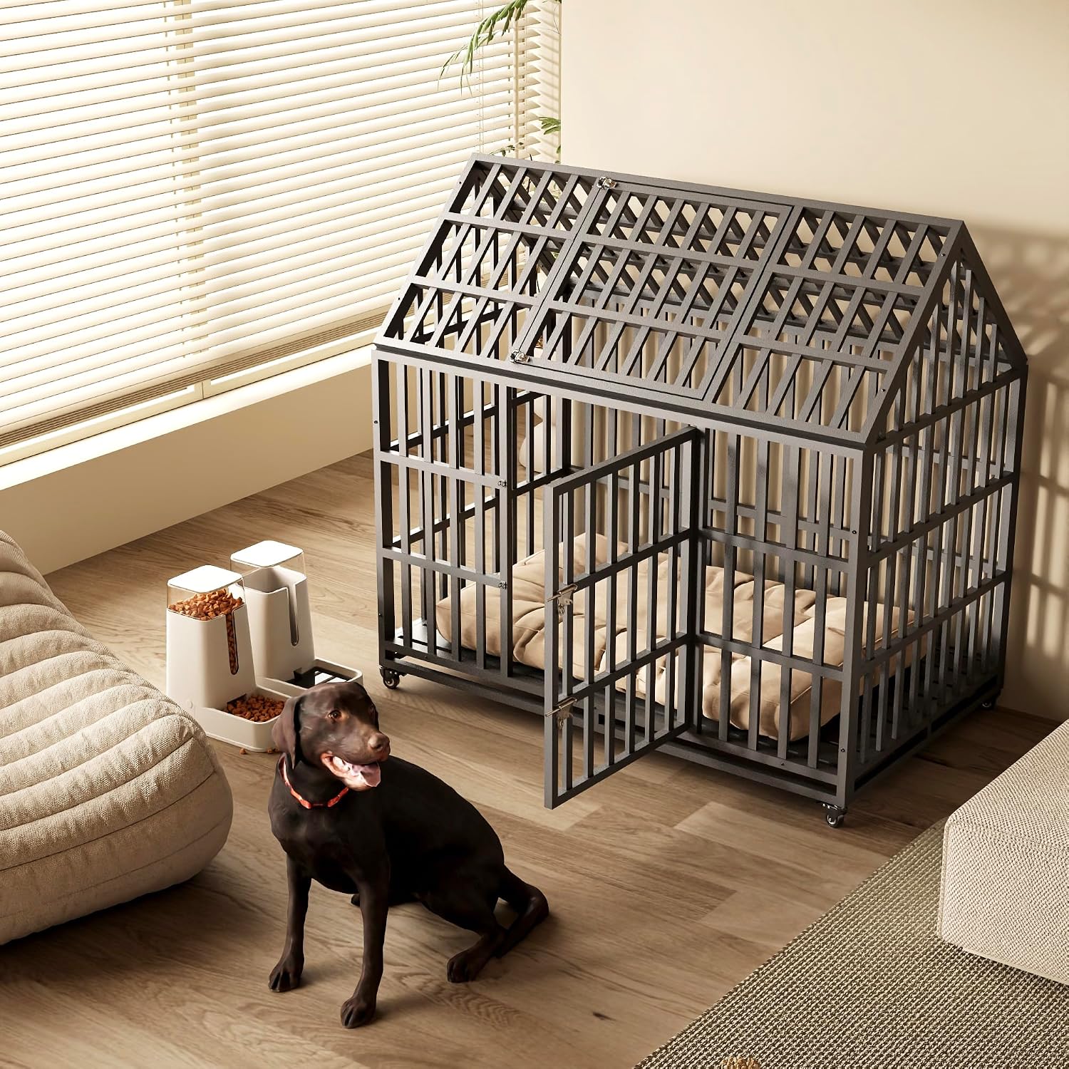 Extra Large Dog Crate Cage, 55'' Heavy Duty Galvanized Iron Dogs Cage Kennels Crates Furniture with Front Door, Top Door and 4 Lockable Wheels for Patio, Home, Backyard