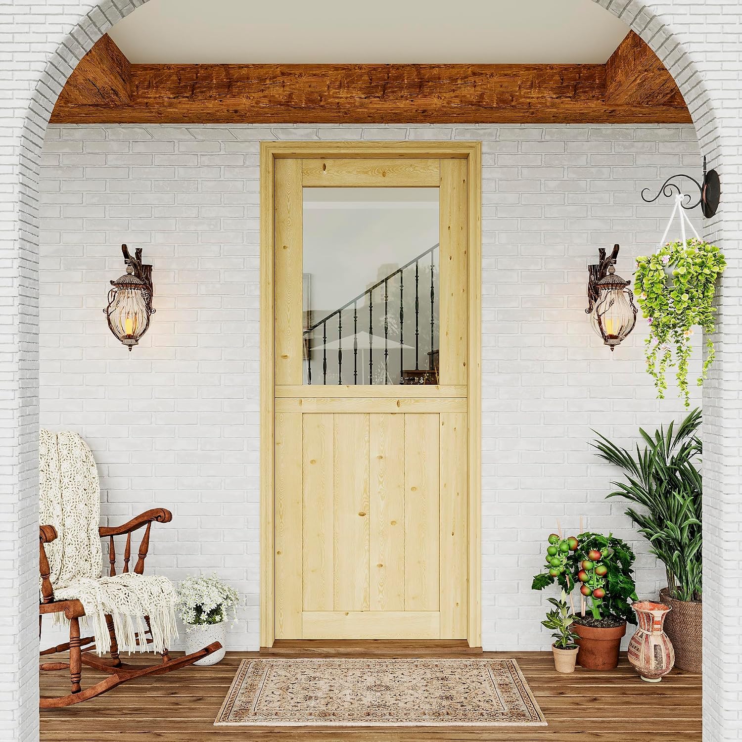 32' x 80' Exterior Prehung Dutch Door, Universal 1 Lite Tempered Clear Glass Split Single Doors, Solid Core Home Entry Door, Natural Pine Wood - with 4 Hinges & 1 Latch & Jamb, Jamb Assembly Needed