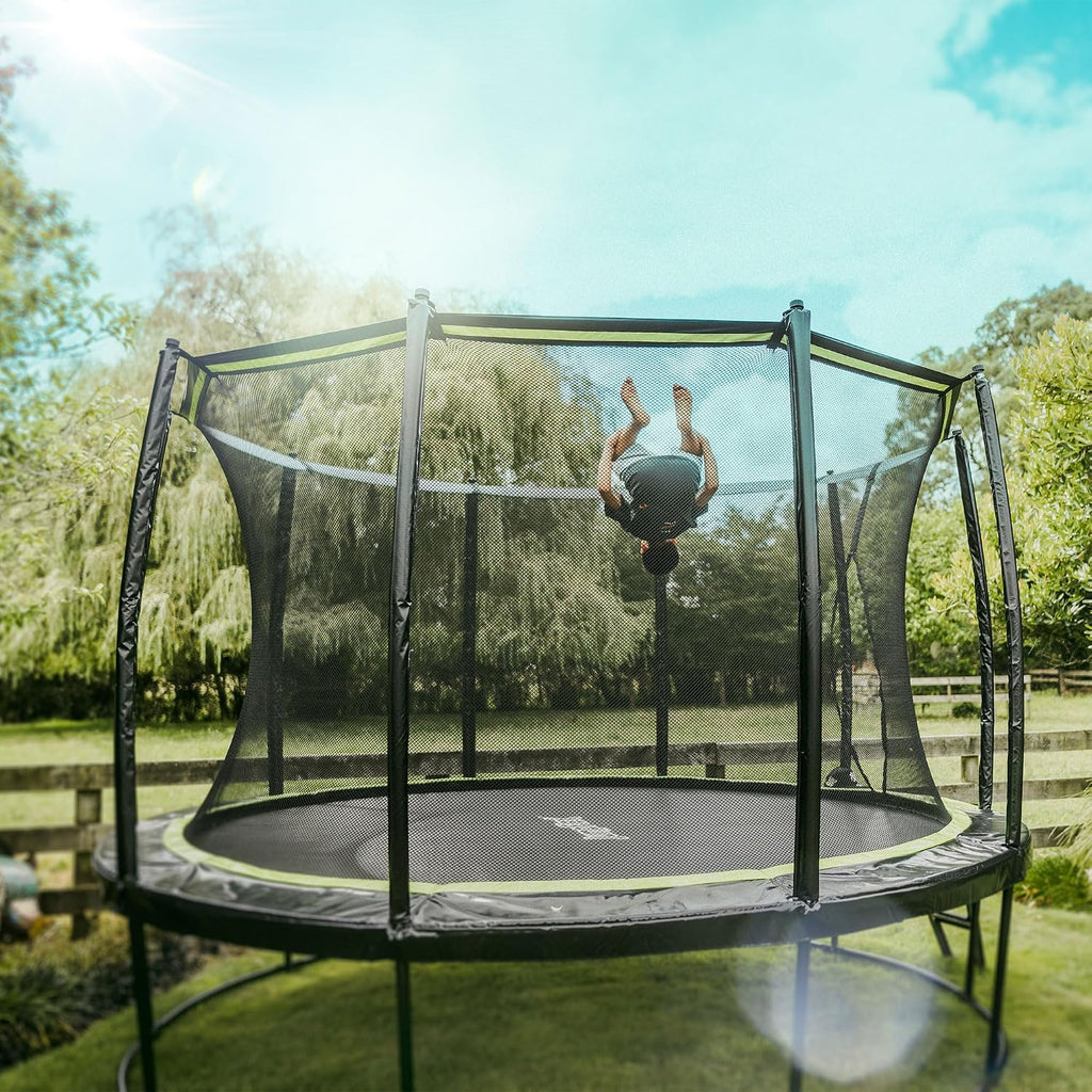 JumpFlex Hero Round Outdoor Backyard Trampoline with Net Safety Enclosure and Ladder - Heavy-Duty Jumping Trampoline Play Equipment for Family