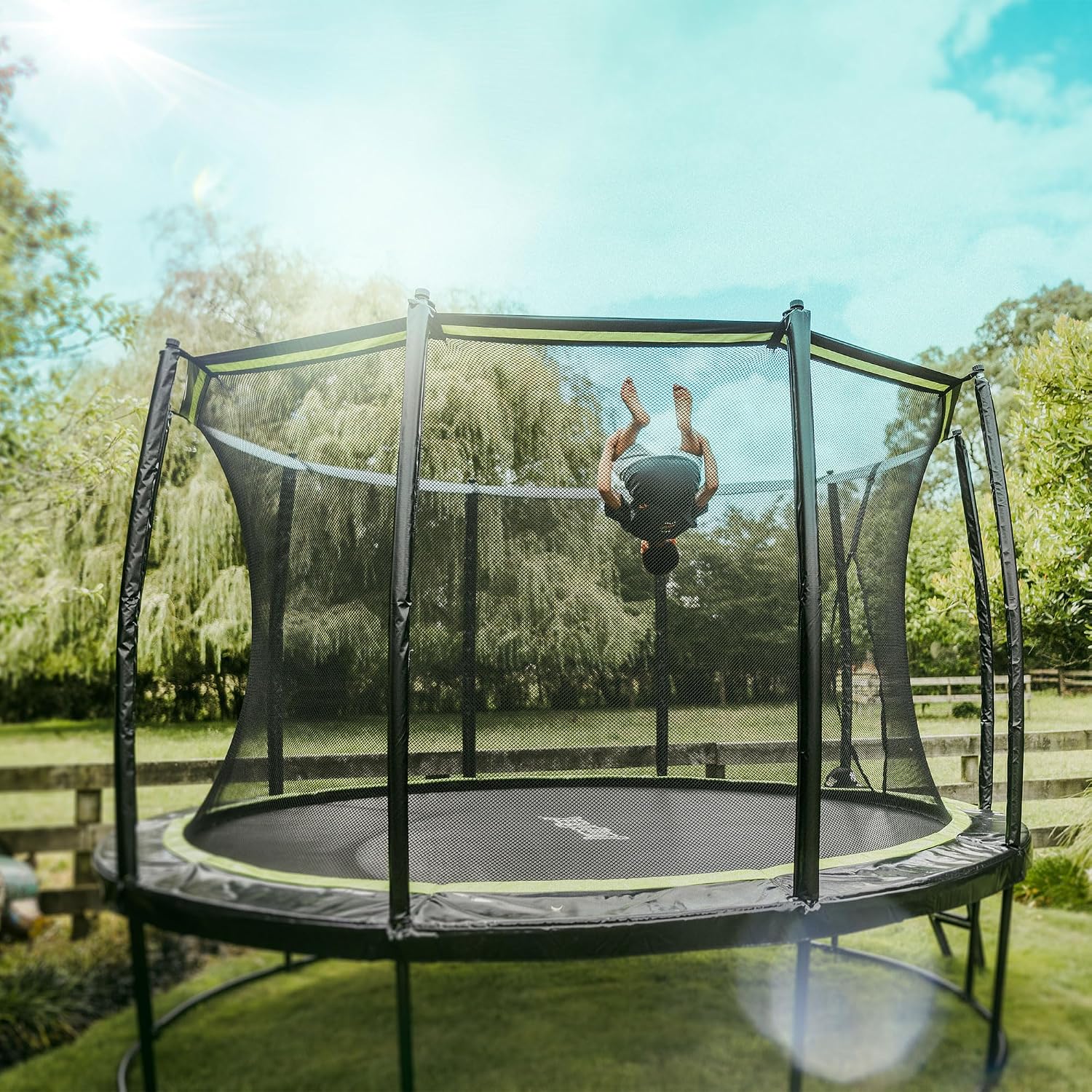 JumpFlex Hero Round Outdoor Backyard Trampoline with Net Safety Enclosure and Ladder - Heavy-Duty Jumping Trampoline Play Equipment for Family