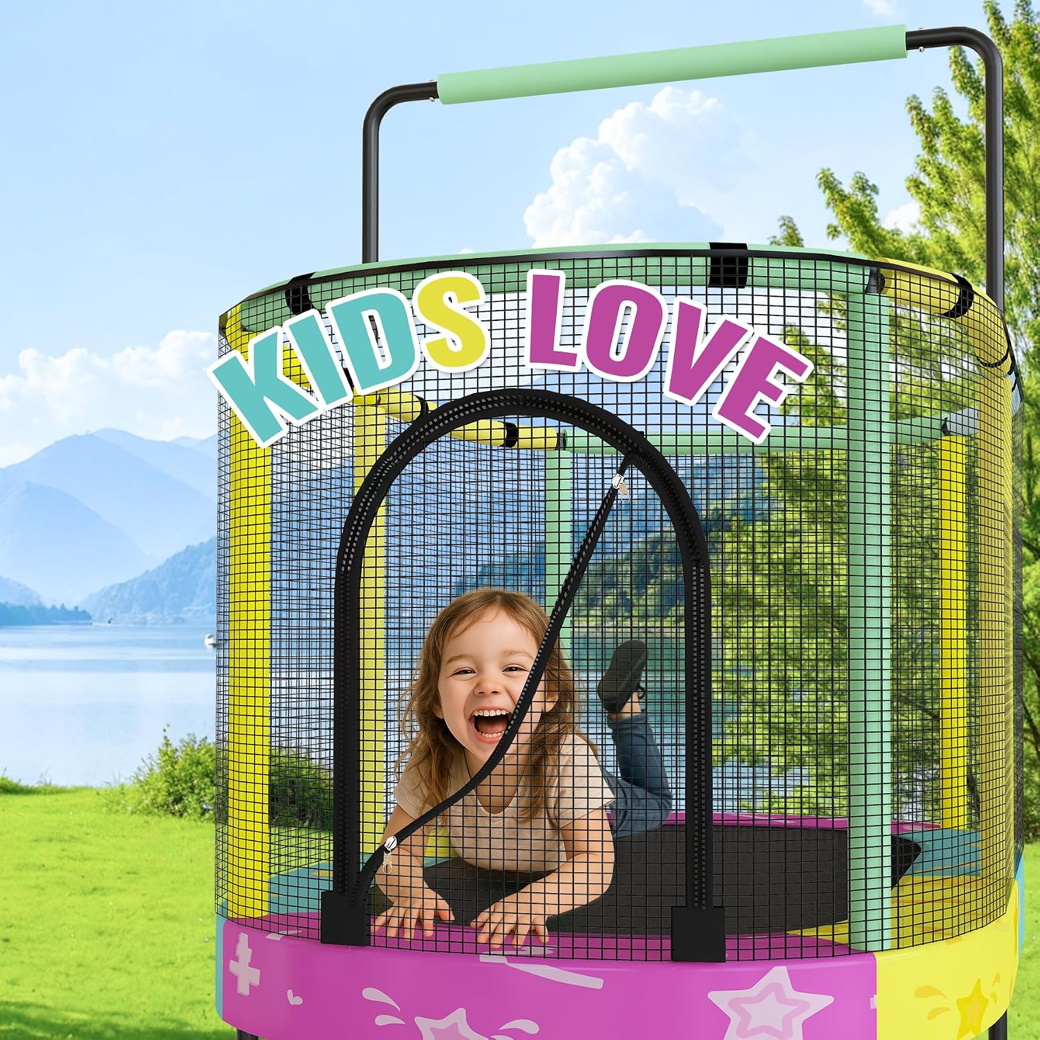 Lamerge Kids Trampoline, Indoor Trampoline Approved by ASTM, Safety Enclosure Net and Adjustable Handrail, 1-8 Children, 500lbs Capacity, 7-in-1, 60'