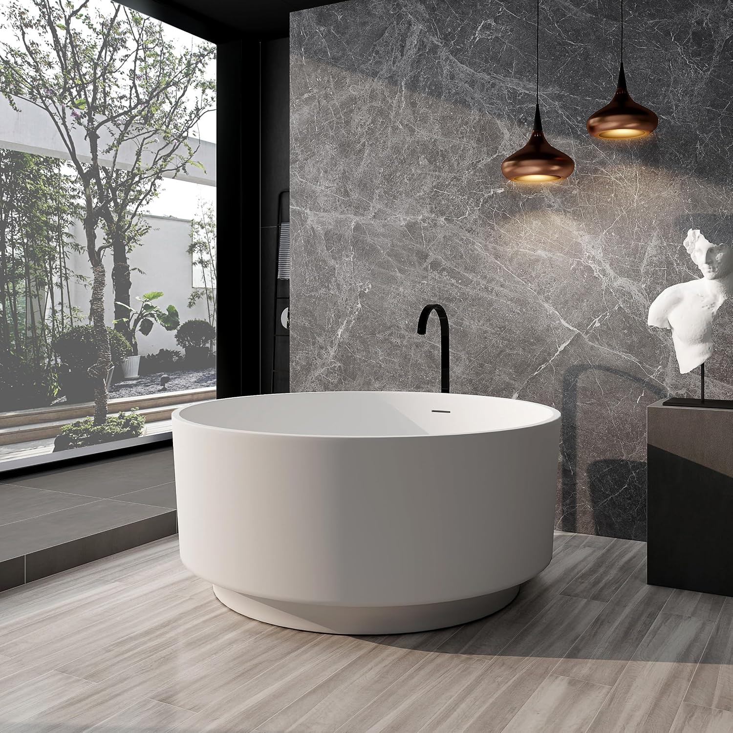 SJ Star&Jane 49' Round Freestanding Bathtub, Solid Surface Stone Resin Tub with Matte White Finish, Stand Alone Soaking Tub for Modern Bathroom