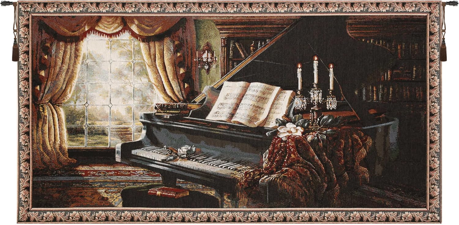 Charlotte Home Furnishings Inc Tapestry Wall Hanging, 27 x 51 Inch Piano By Candlelight Wall Art, Jacquard Woven Boho Tapestry, Cotton Wall Tapestry for Bedroom, Living Room & Home Decor, European Soft Cotton Fabric