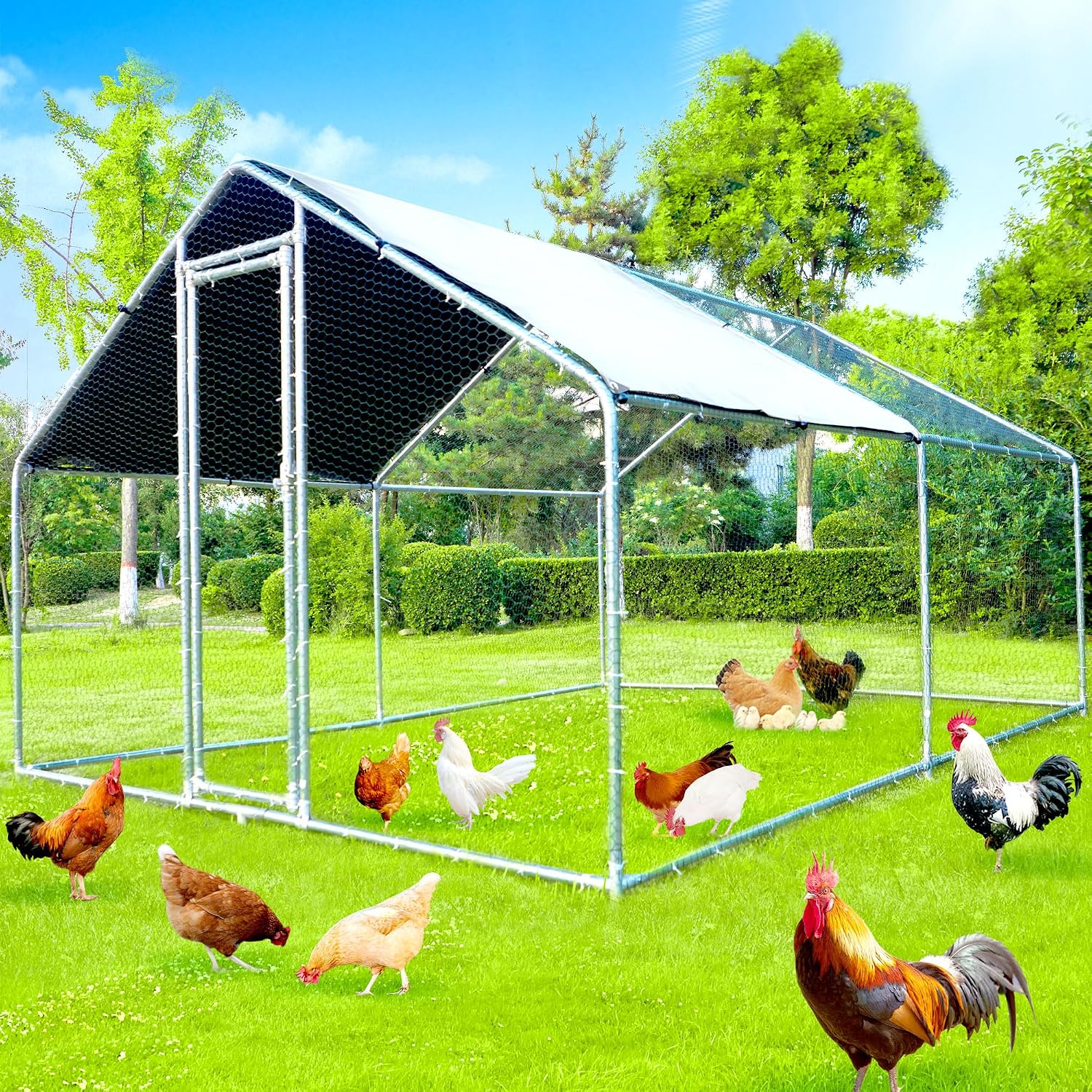 Large Metal Chicken Coop, Chicken Runs for Yard with Cover Walk-in Poultry Cage for 10 20 Chickens, Chicken Pen Duck Coop with Water-Resident Top and Feeding Door, Spire Hen House 12.8Lx9.84Wx6.6H FT