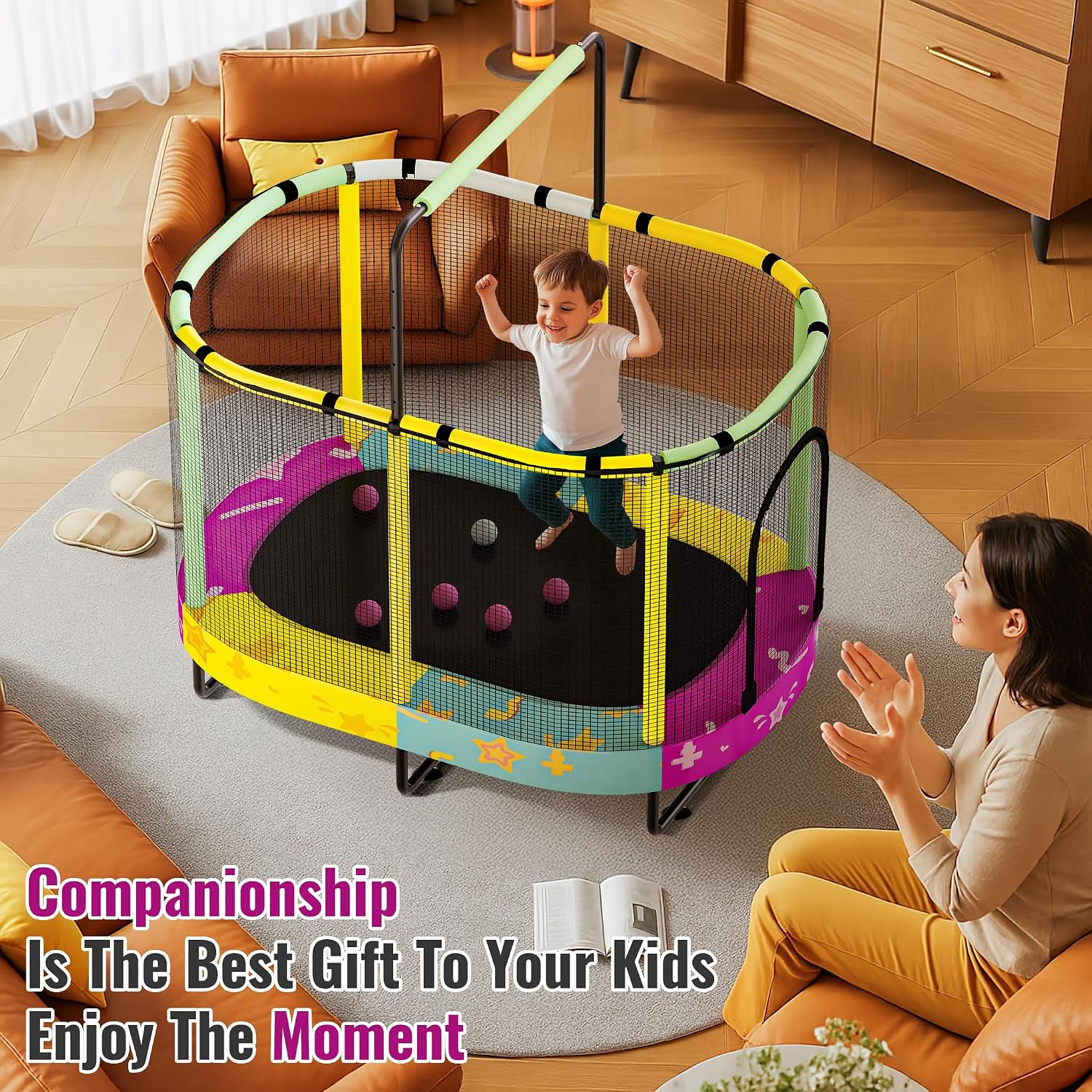 Lamerge Kids Trampoline, Indoor Trampoline Approved by ASTM, Safety Enclosure Net and Adjustable Handrail, 1-8 Children, 500lbs Capacity, 7-in-1, 60'