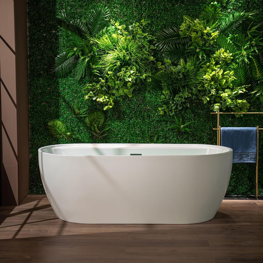 WOODBRIDGE 67' Acrylic Freestanding Bathtub Contemporary Soaking White Tub with Brushed Nickel Overflow and Drain,B0063-B/N