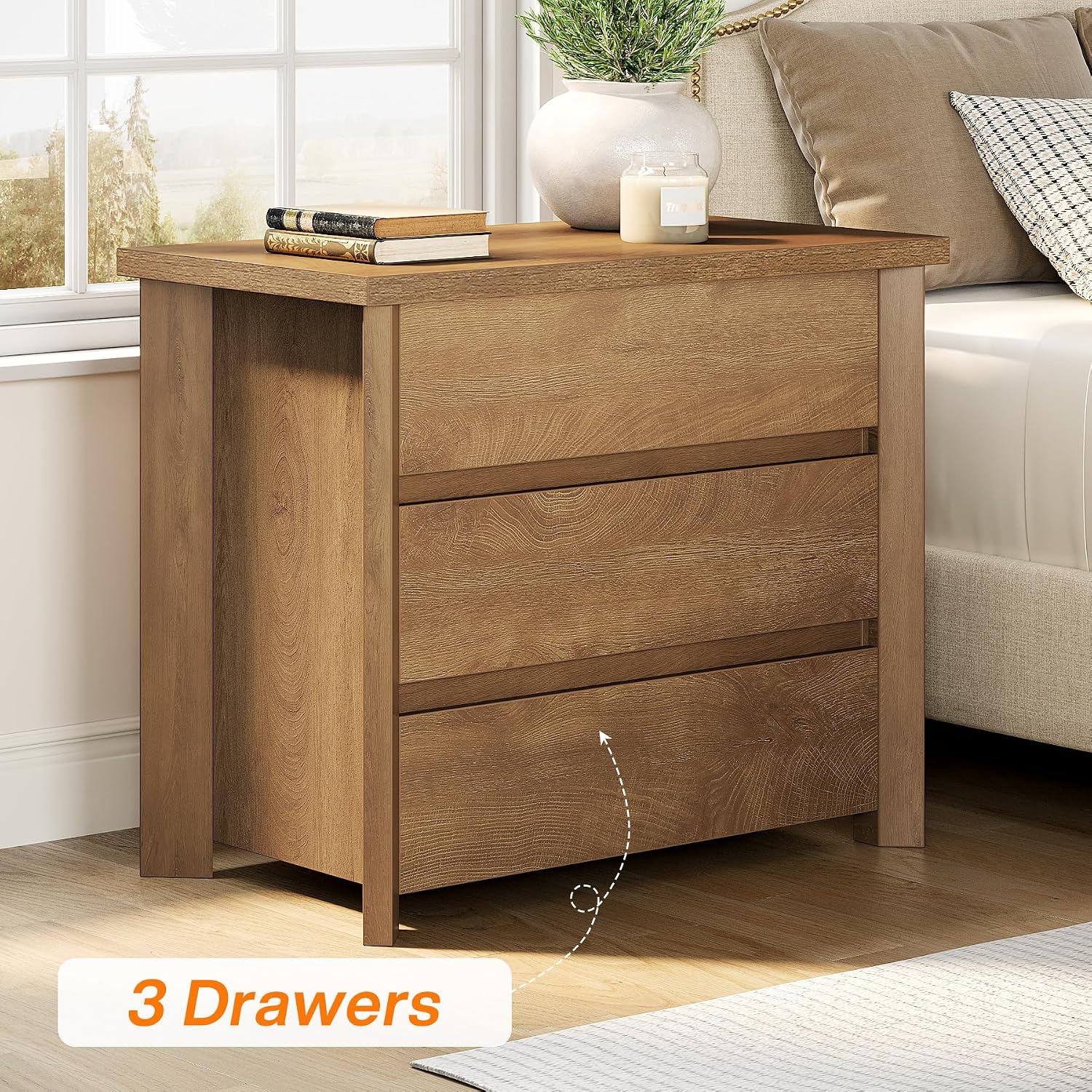 Tribesigns Oversized 3 Drawers Nightstand, Large Rustic Wood Night Stands with Storage for Bedroom and Small Spaces, Easy Assembly, Rustic Brown (1PCS)