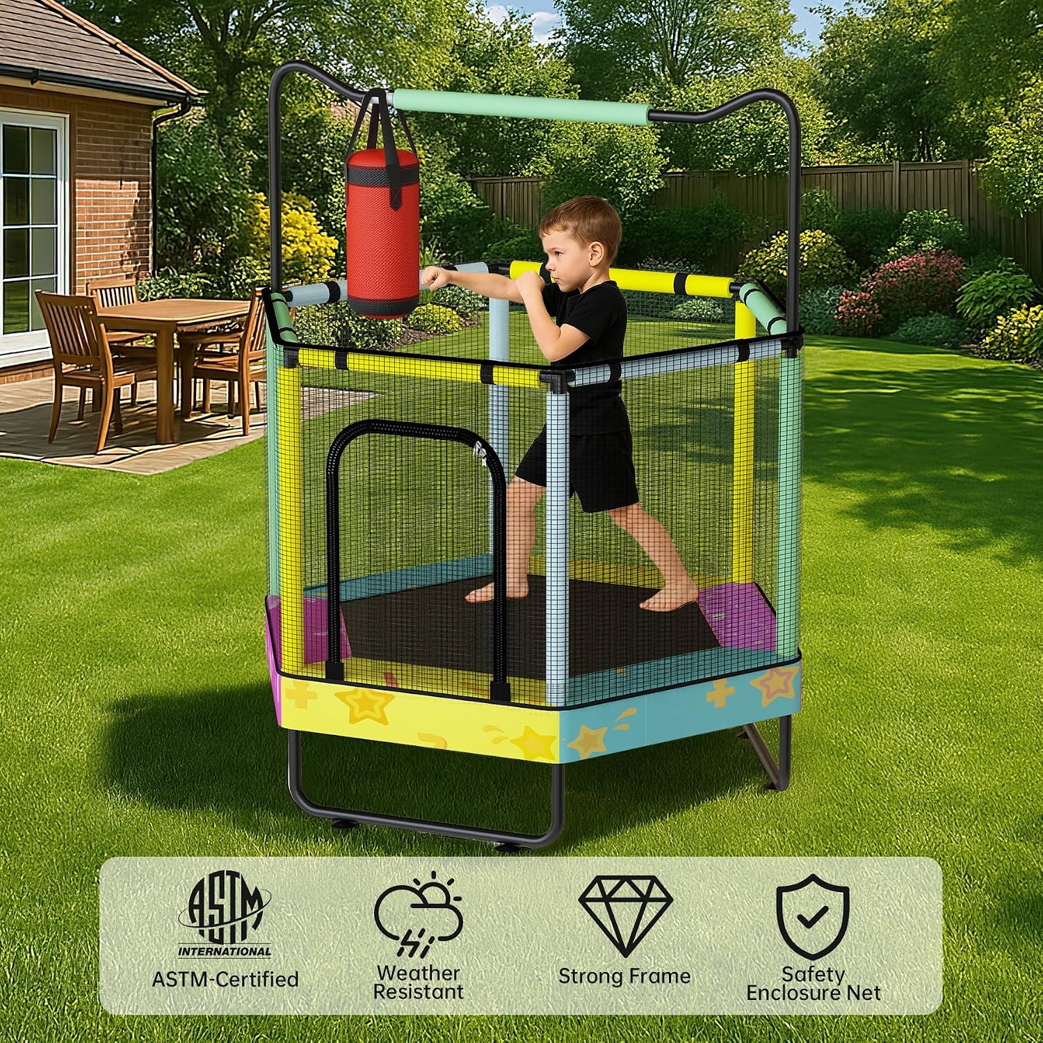 Lamerge Kids Trampoline, Indoor Trampoline Approved by ASTM, Safety Enclosure Net and Adjustable Handrail, 1-8 Children, 500lbs Capacity, 7-in-1, 60'
